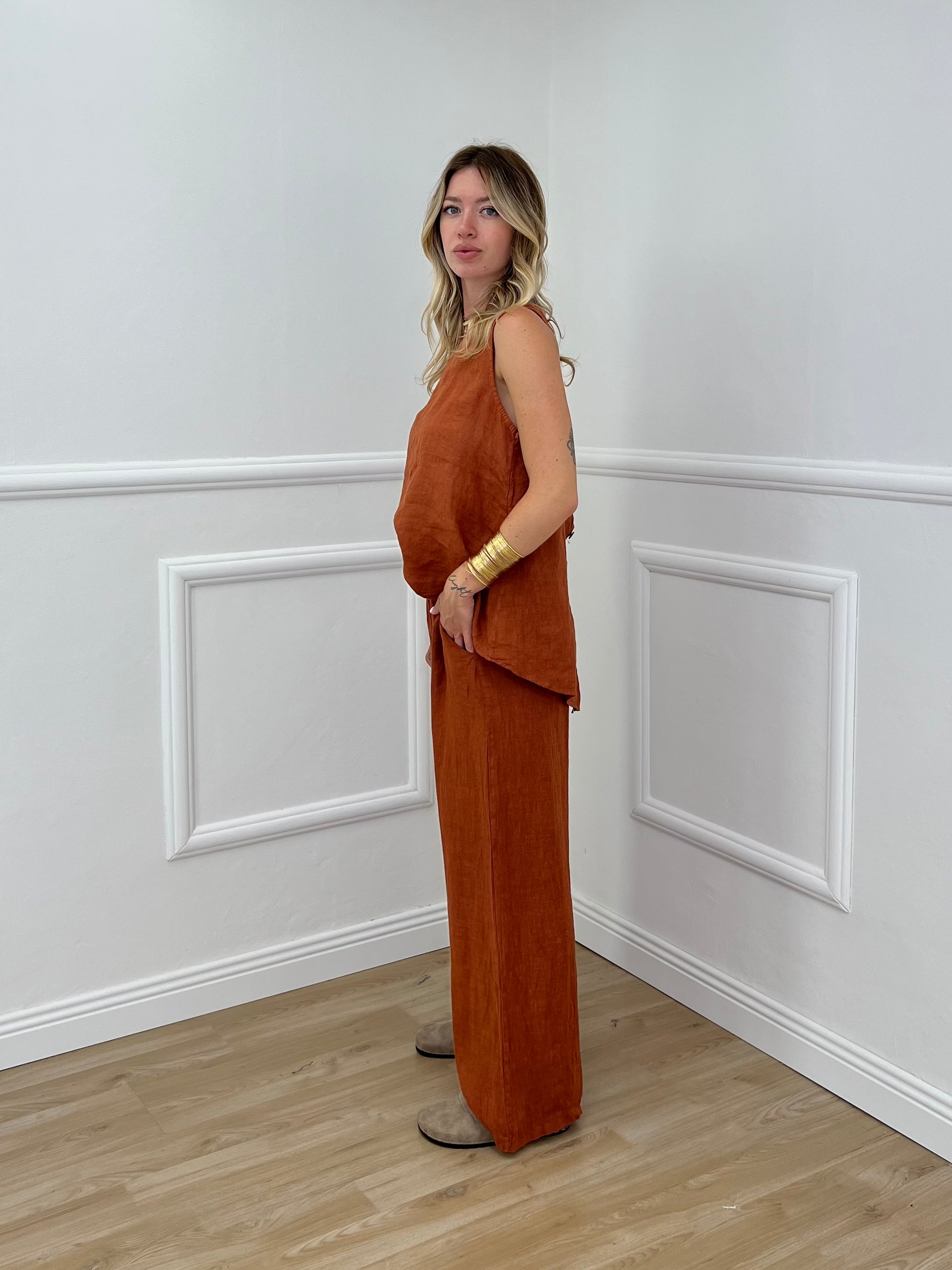 Pantalone Lino Cintura 02630 Mattone