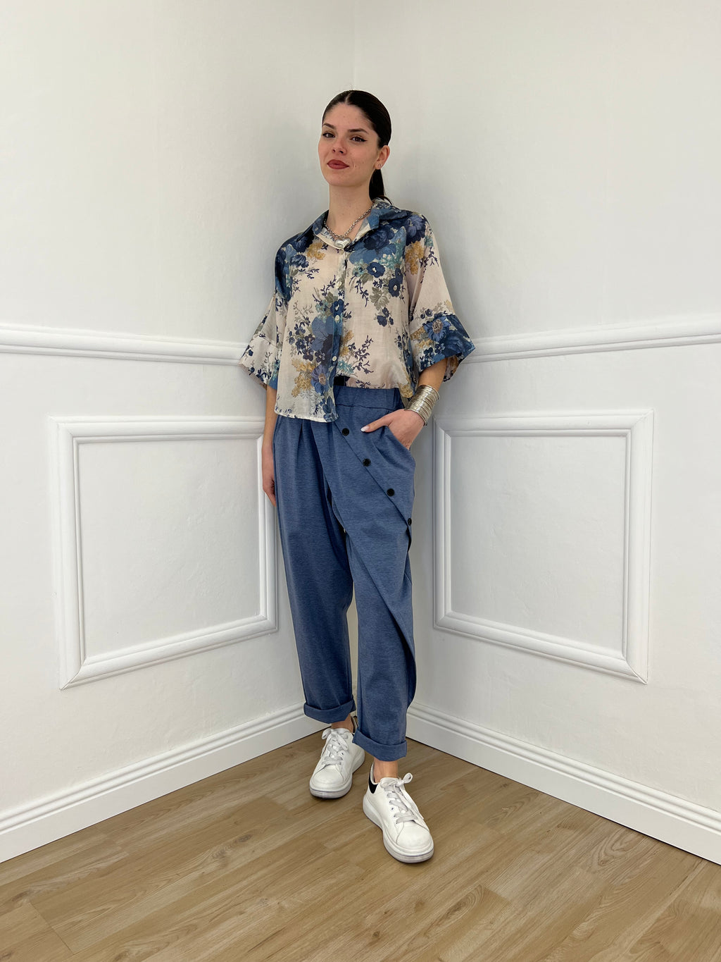 Camicia Tencel Crop Fiori 4099 Blu