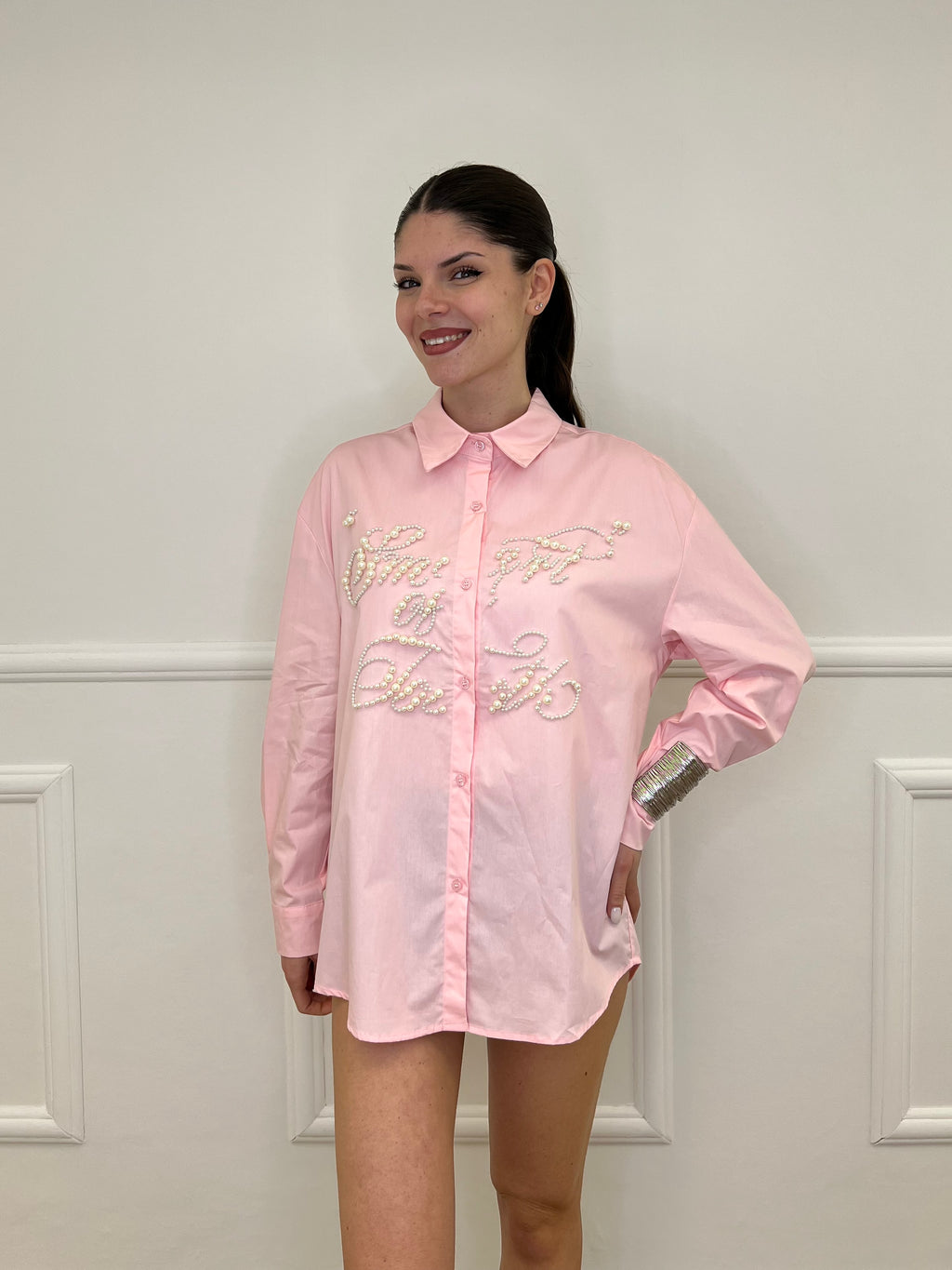Maxi Camicia con Perle K880 Rosa