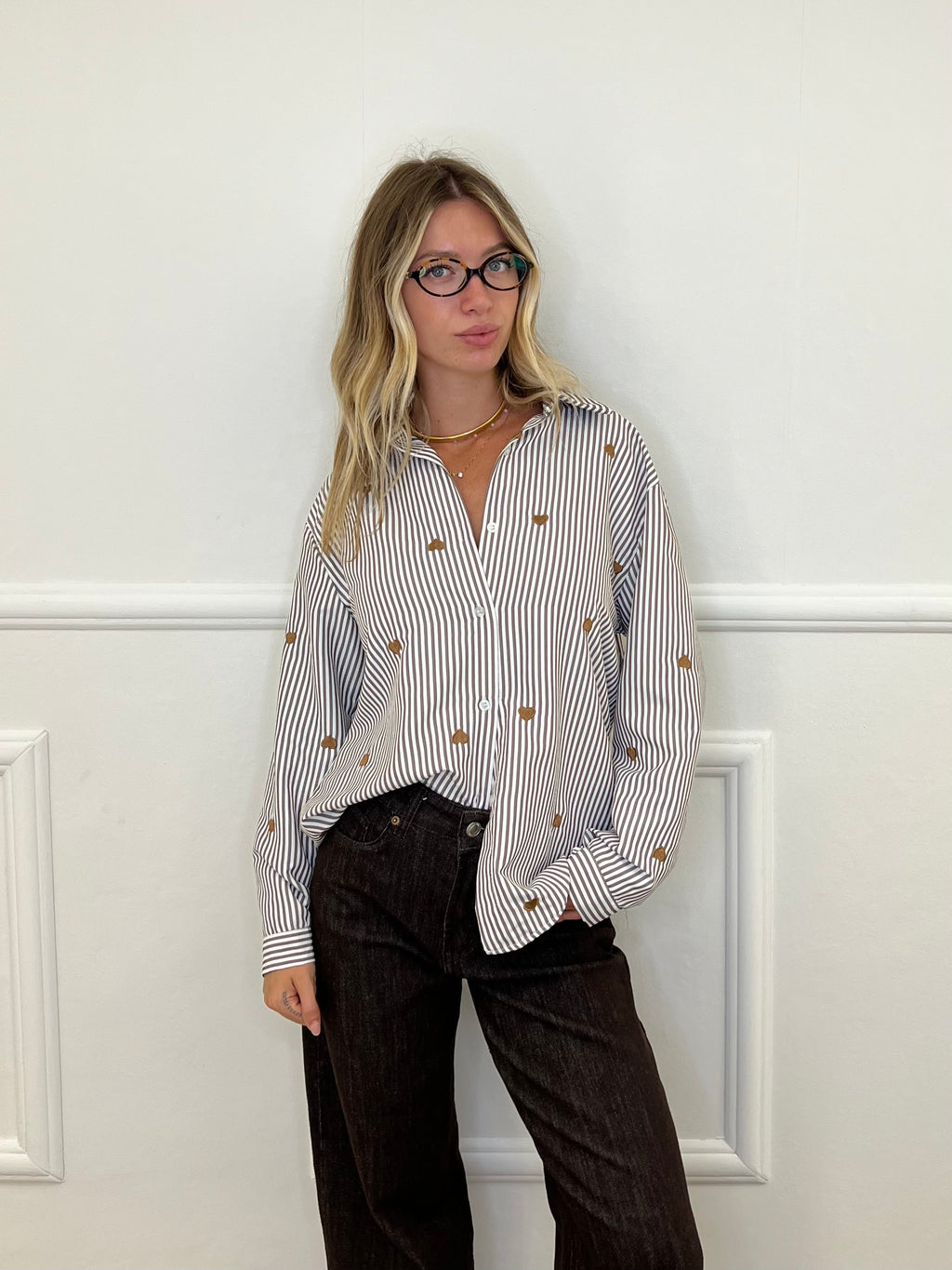 Camicia Cuori Ricamati 1255 Marrone