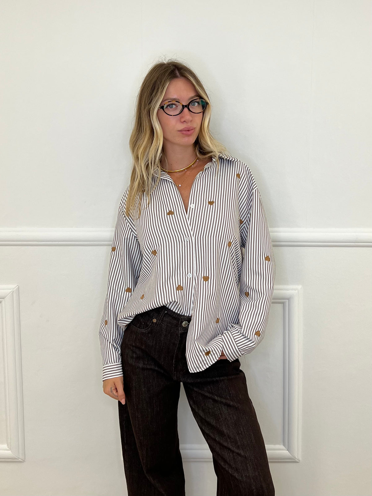 Camicia Cuori Ricamati 1255 Marrone