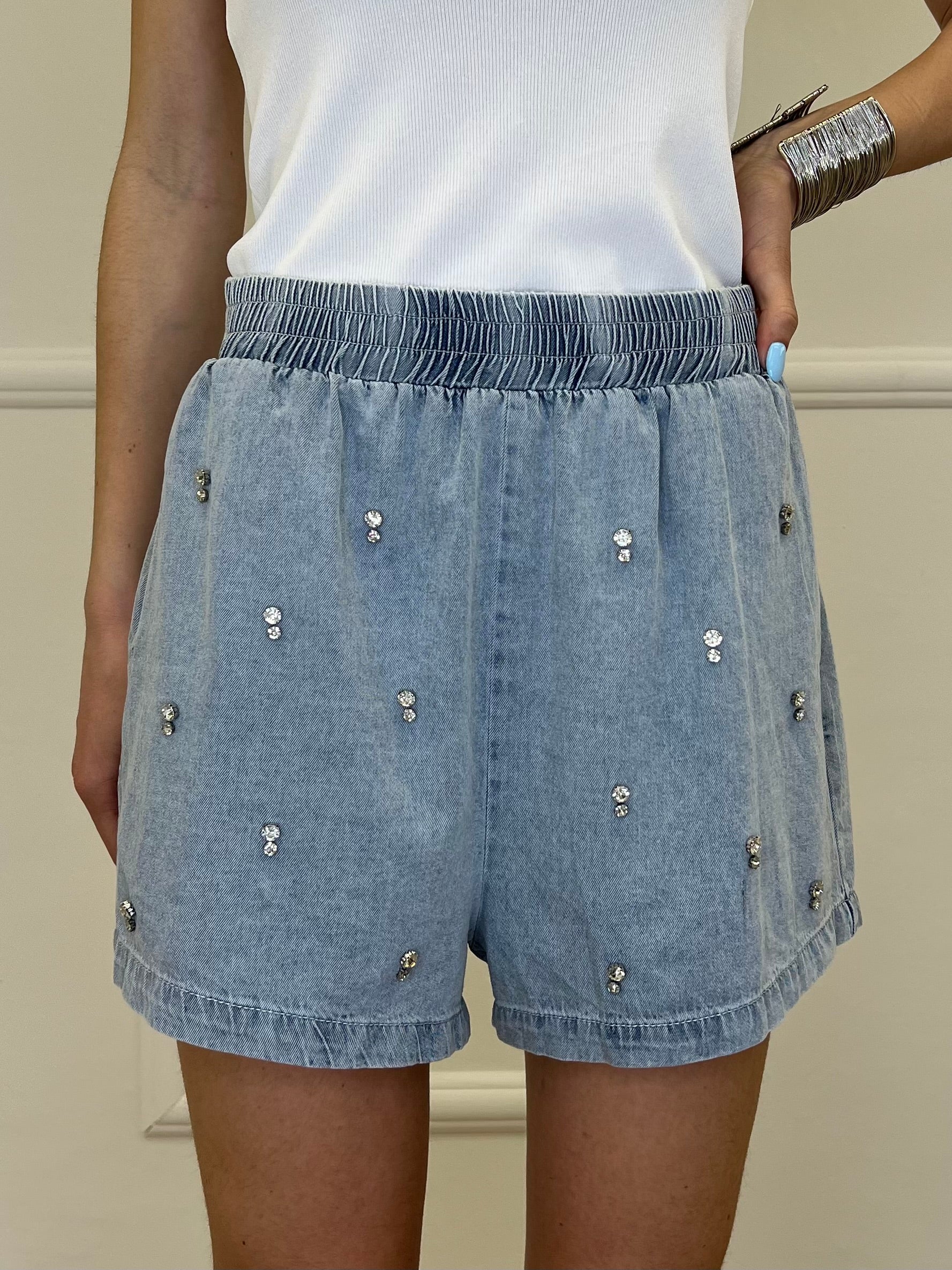 Completo Shorts Denim Con Strass 3048 Azzurro