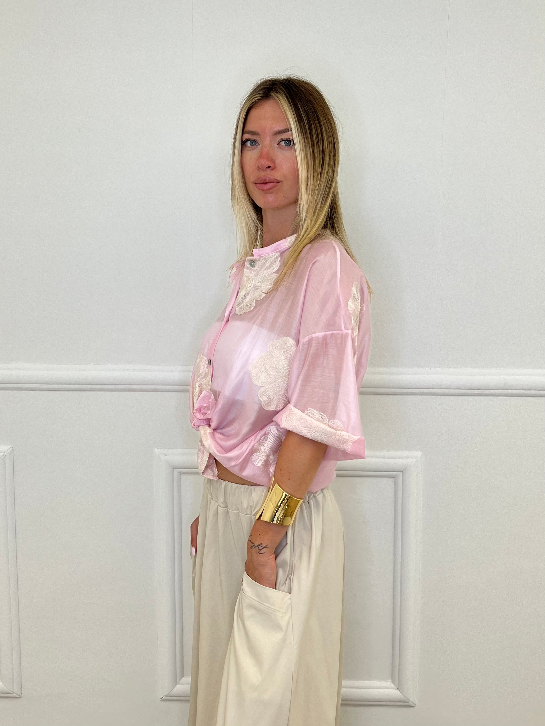Camicia In Tencel Con Ricami 93-767 Rosa