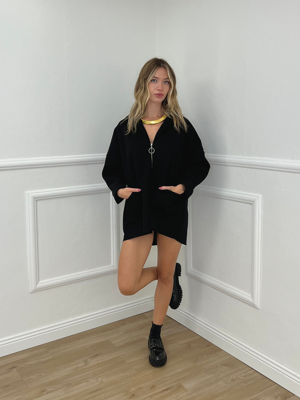 Maxi Giacca in Panno con Zip 5075 Nero