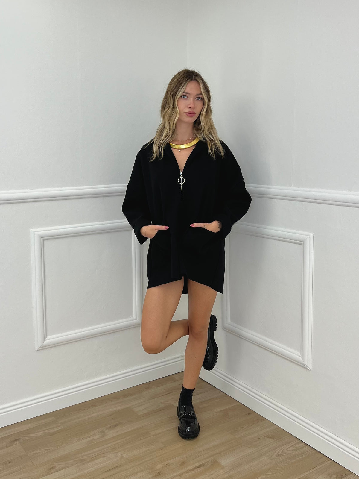 Maxi Giacca in Panno con Zip 5075 Nero