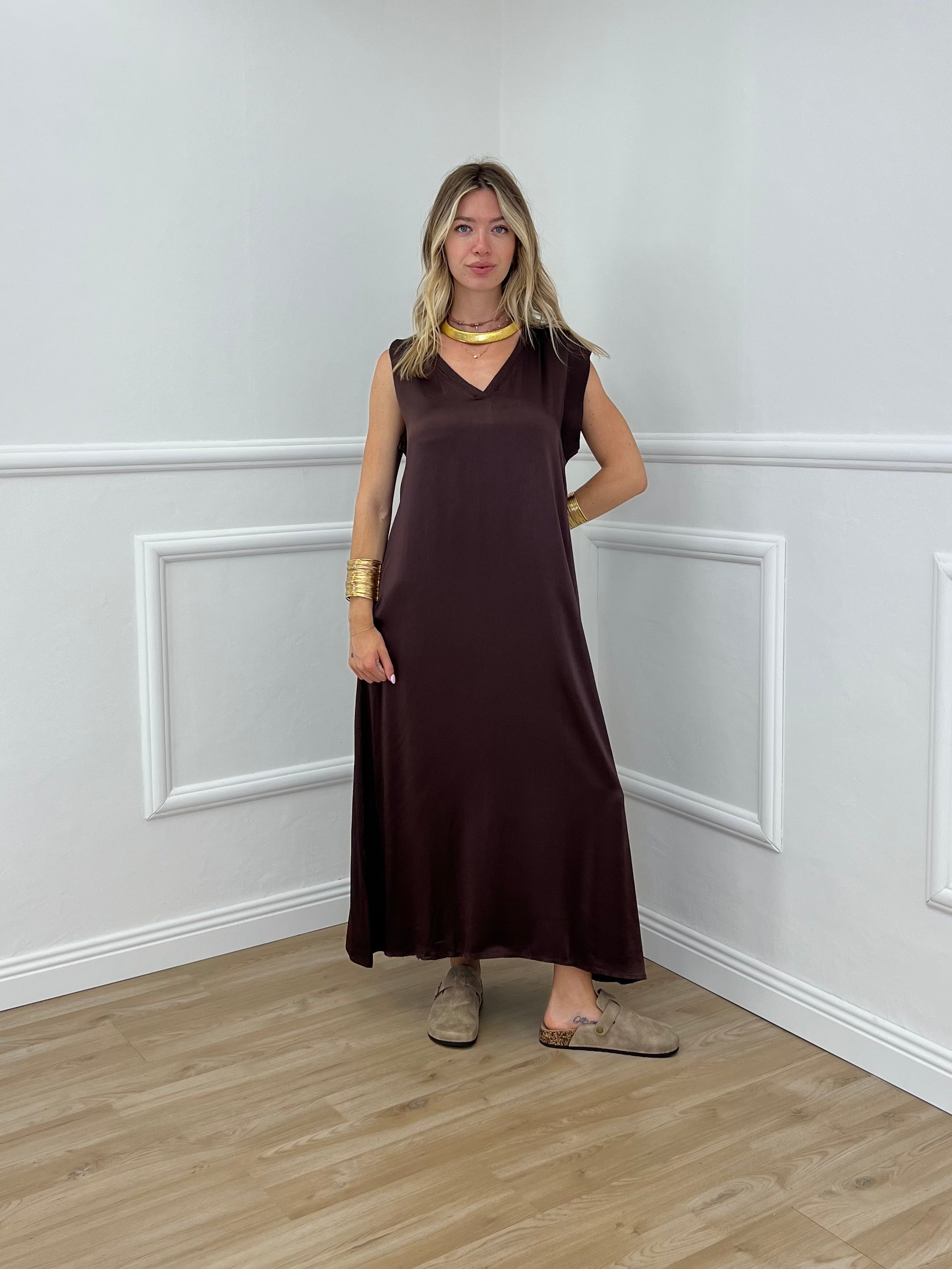 Vestito In Raso di Viscosa A00850 Marrone