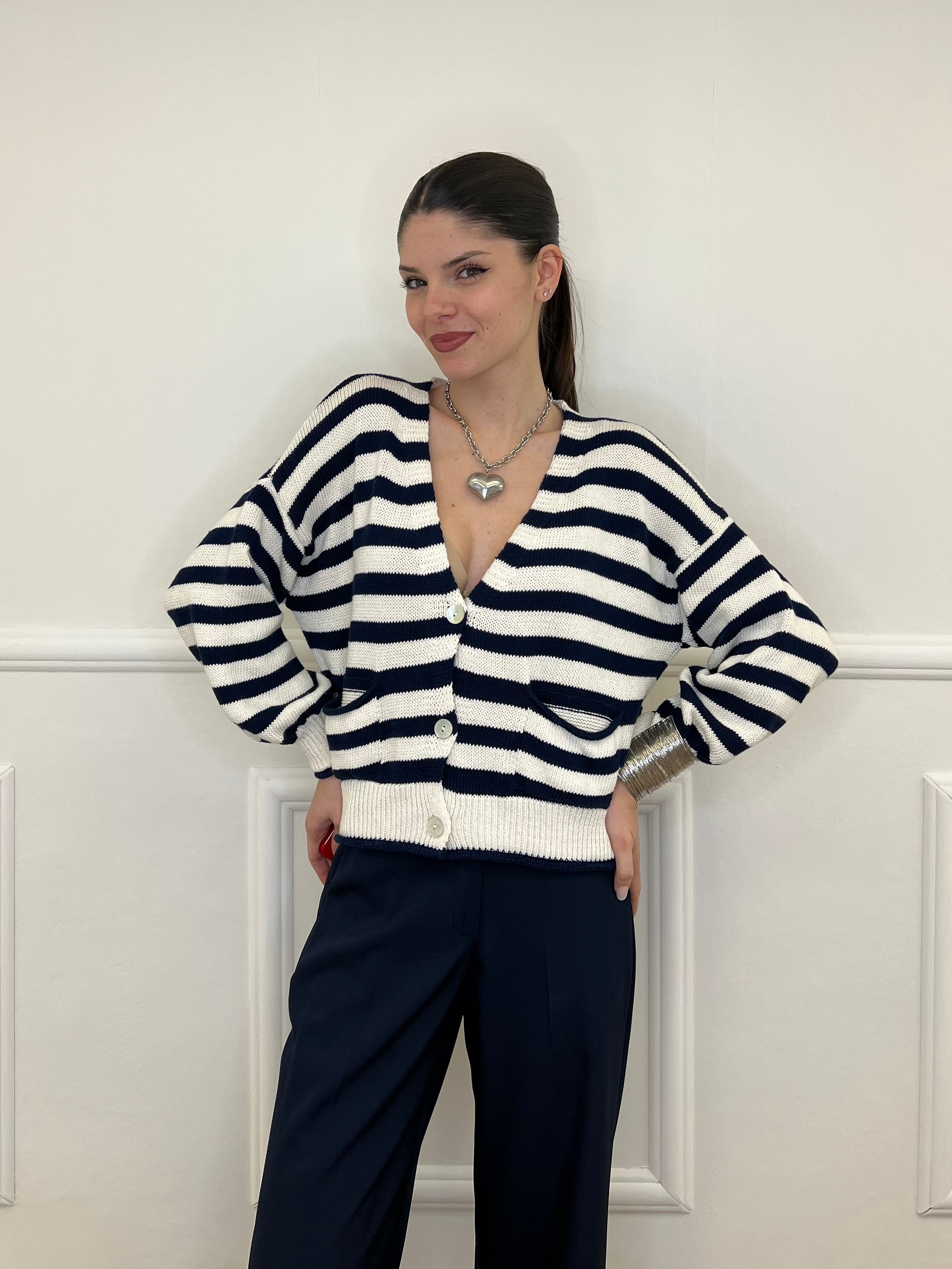 Cardigan Scatoletta Righe 10667 Blu