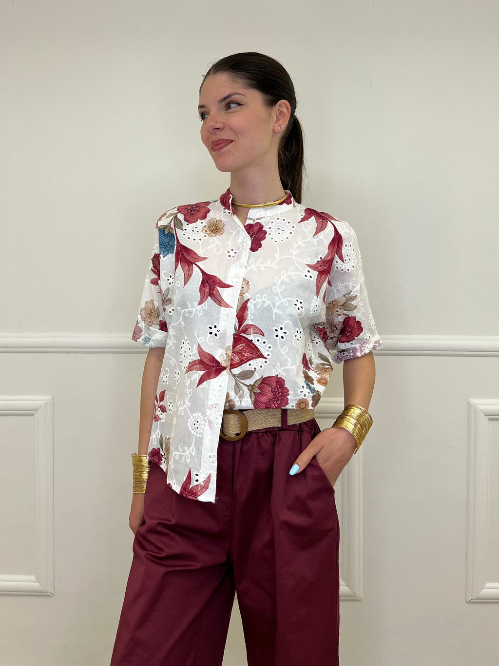 Camicia Fiori Inserti Sangallo 2340 Burgundy