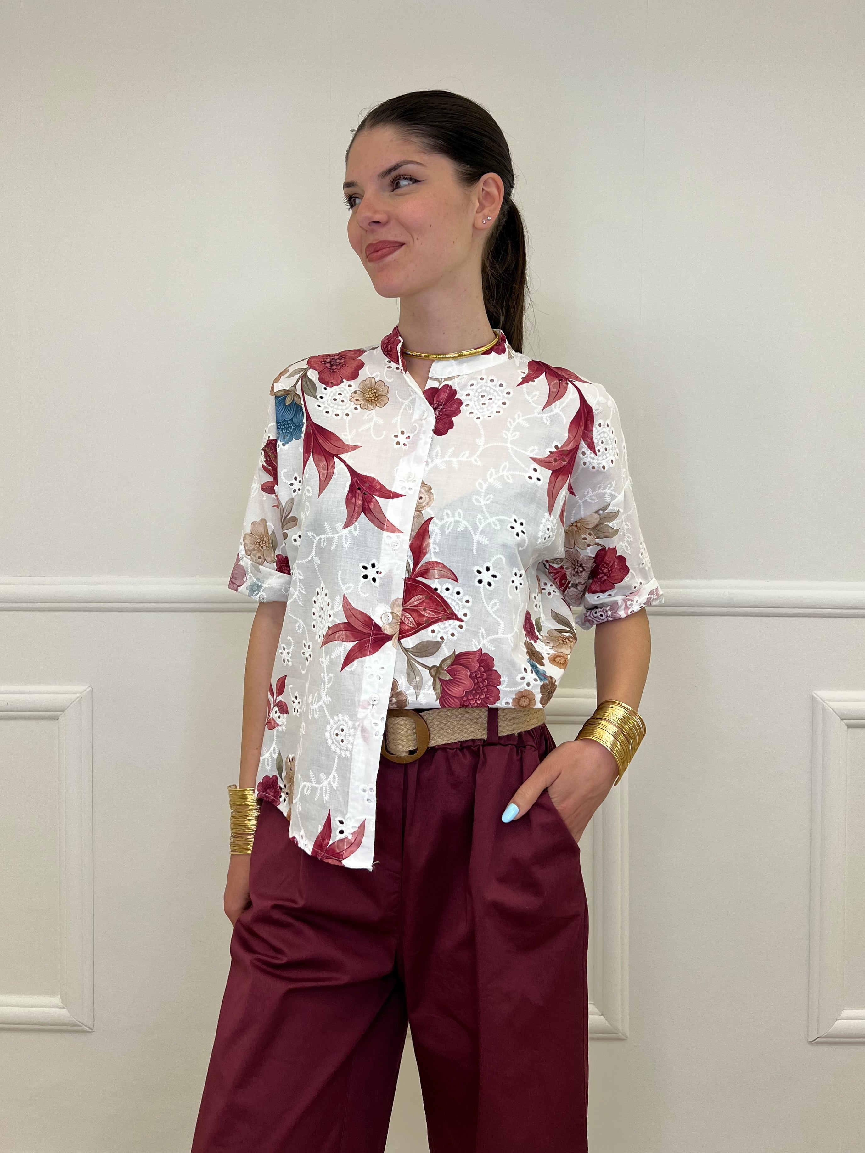 Camicia Fiori Inserti Sangallo 2340 Burgundy