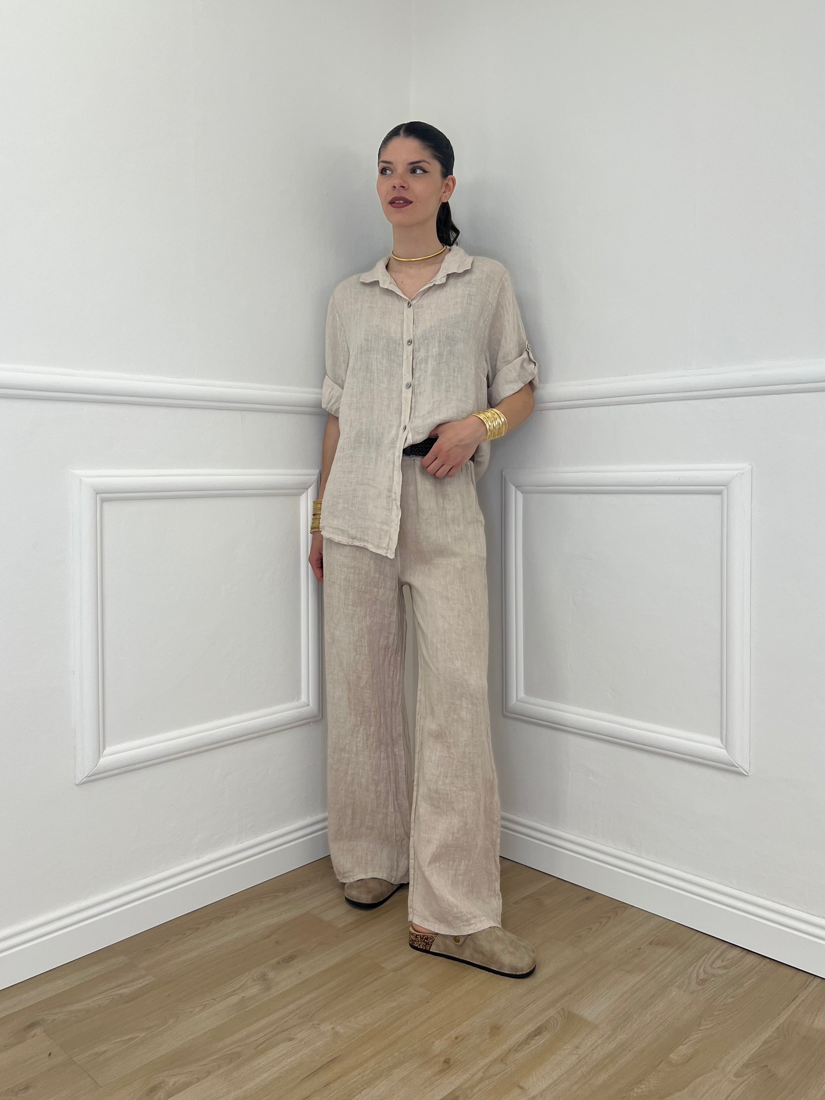 Pantalone Lino Cintura 22525 Beige
