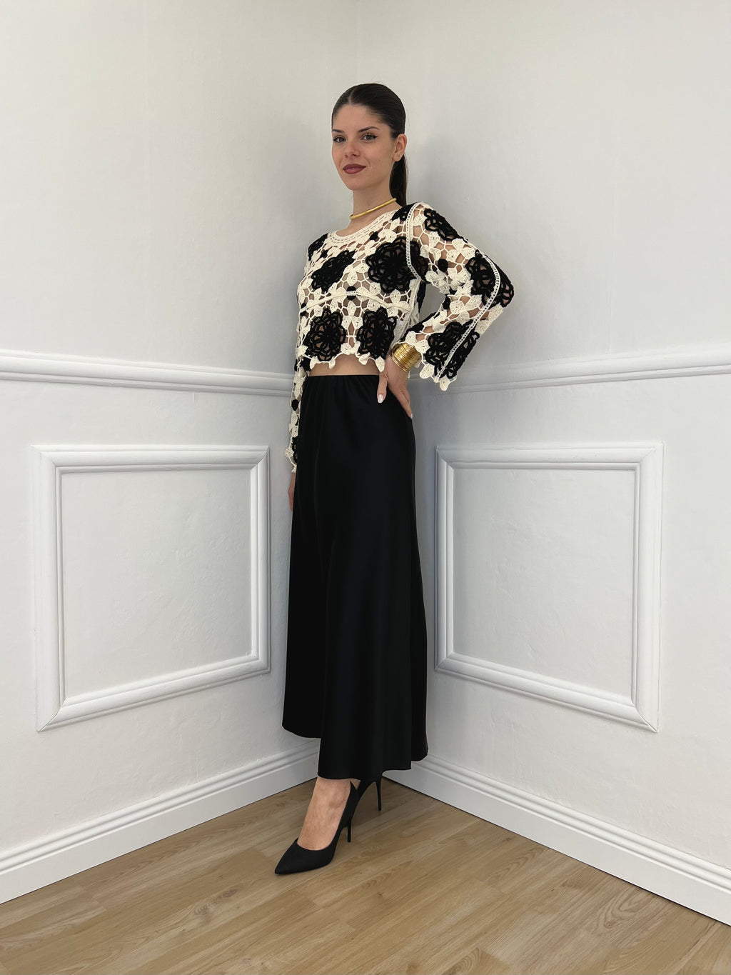 Maglia Macramè Crop Bicolor 48015 Nero
