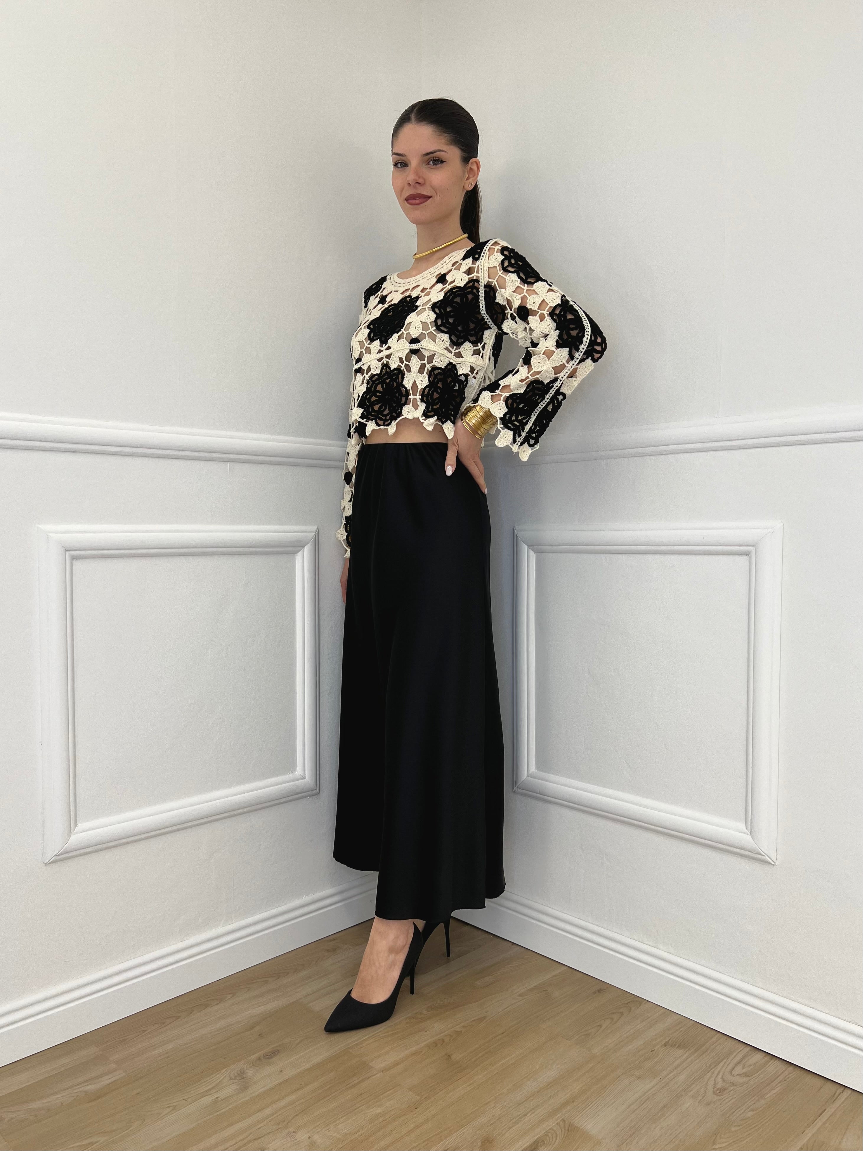 Maglia Macramè Crop Bicolor 48015 Nero