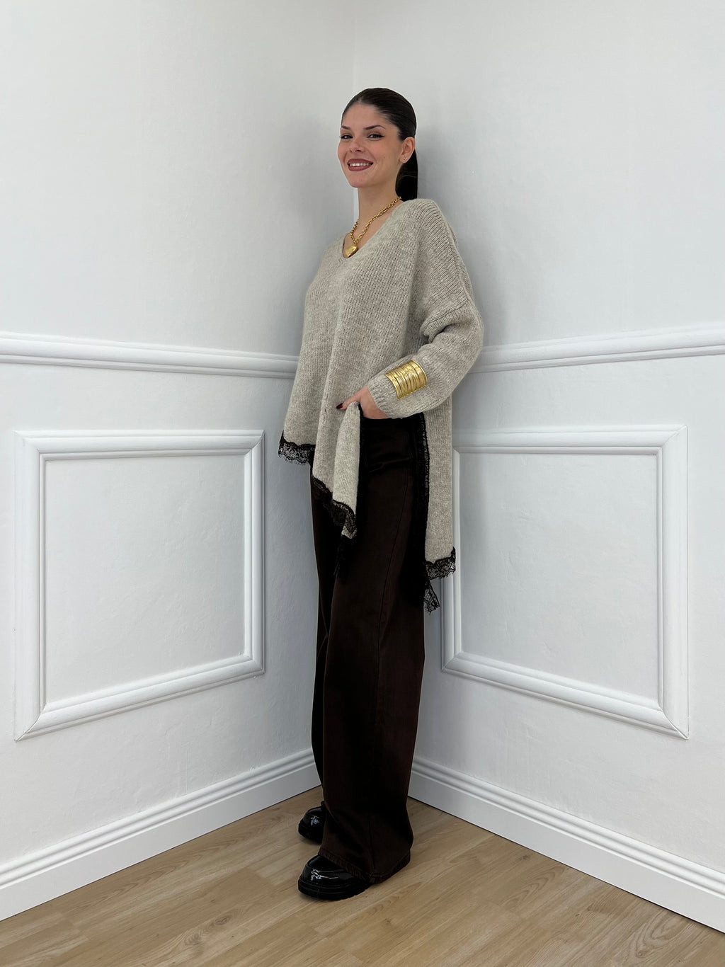 Maglia Asimmetrica Pizzo 25743 Ecru