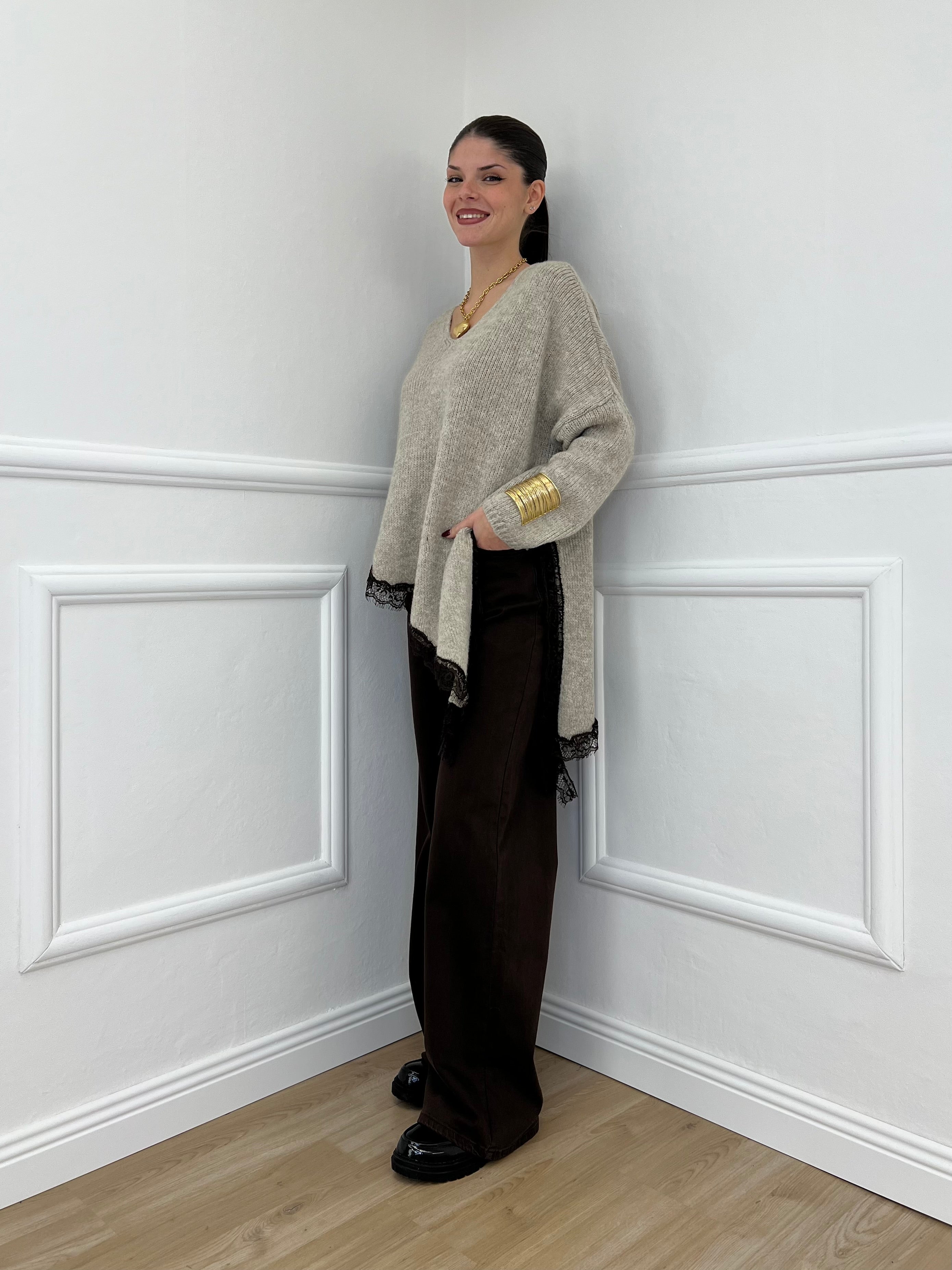 Maglia Asimmetrica Pizzo 25743 Ecru