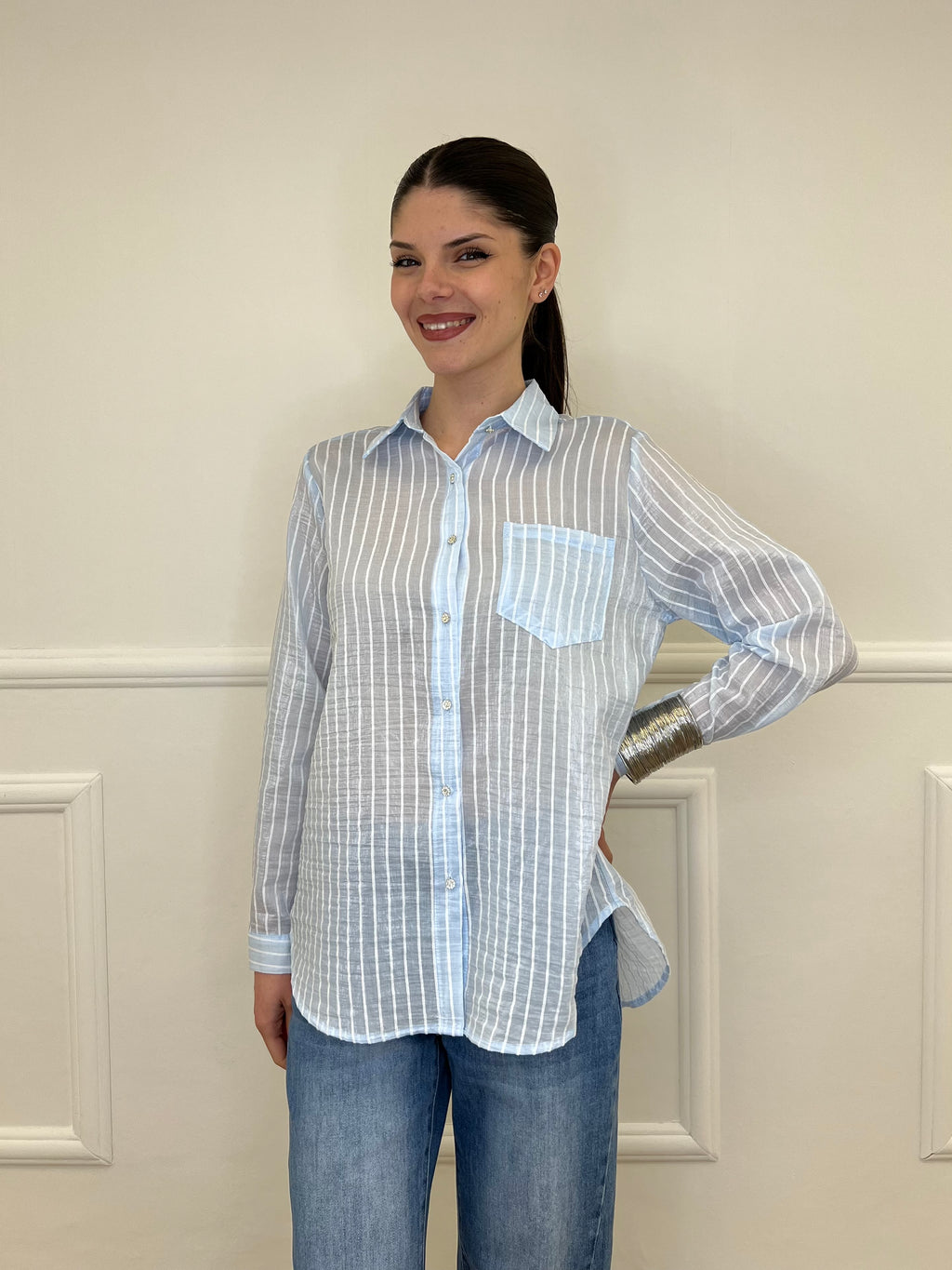 Camicia Tencel Spalmata a Righe 25802 Azzurro