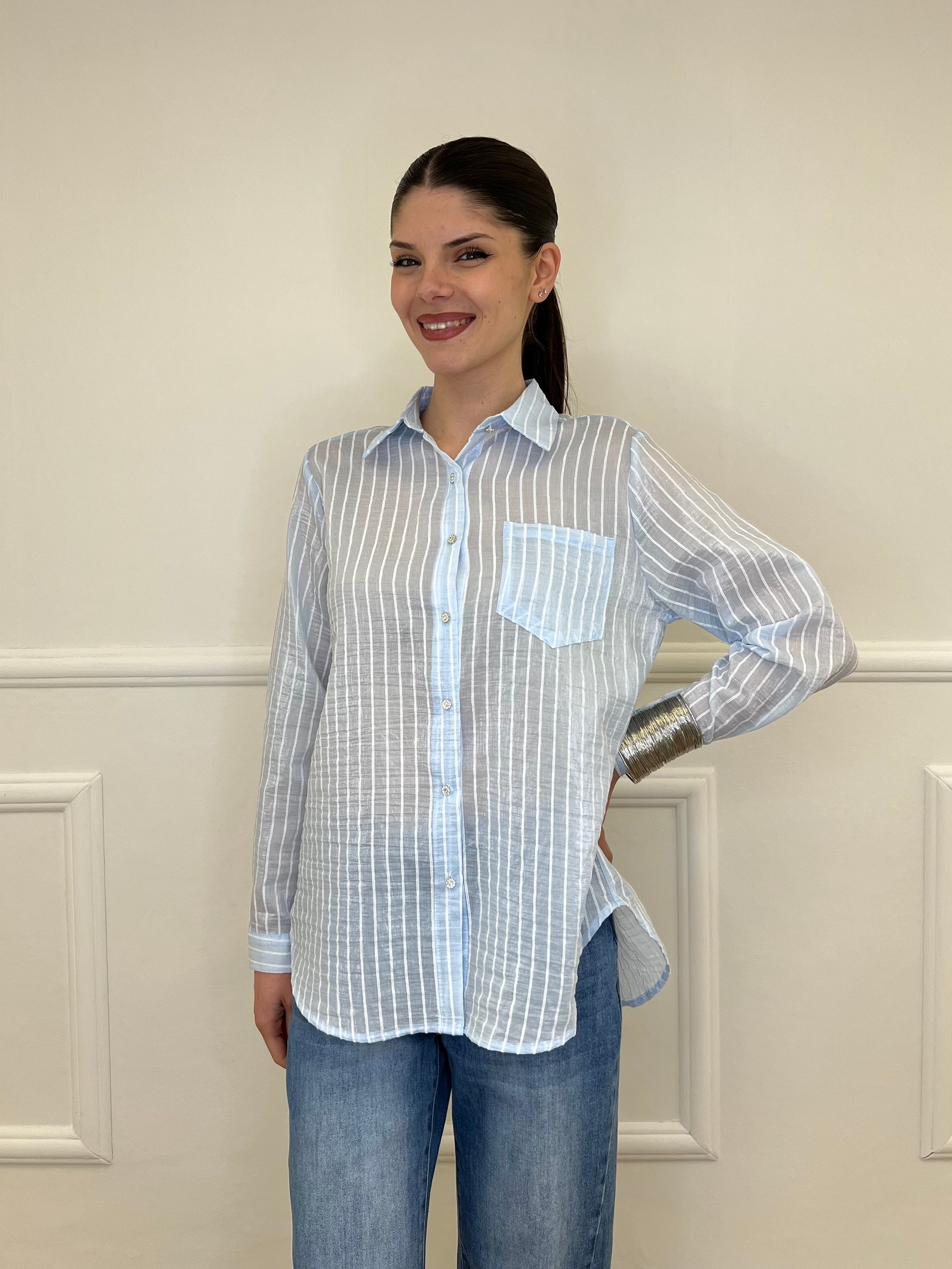 Camicia Tencel Spalmata a Righe 25802 Azzurro