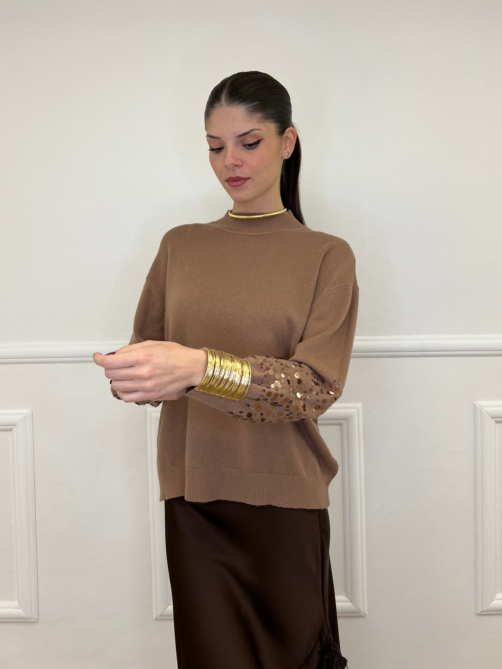 Maglia Manica Paillettes DL7357 Camel