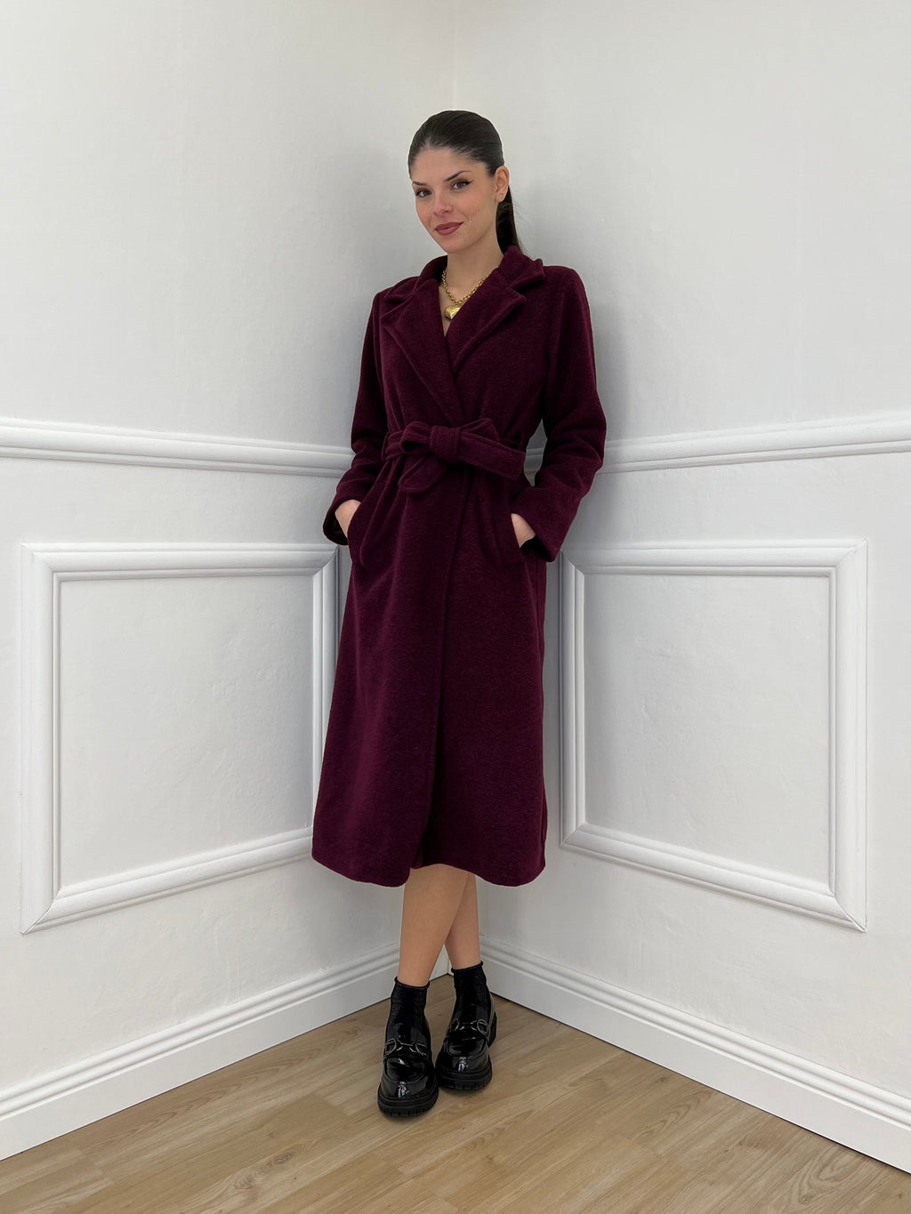 Cappotto Bouclé Cintura 91022 Burgundy