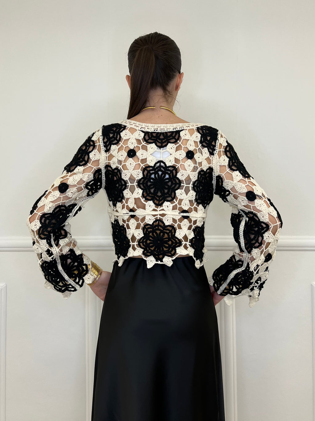 Maglia Macramè Crop Bicolor 48015 Nero
