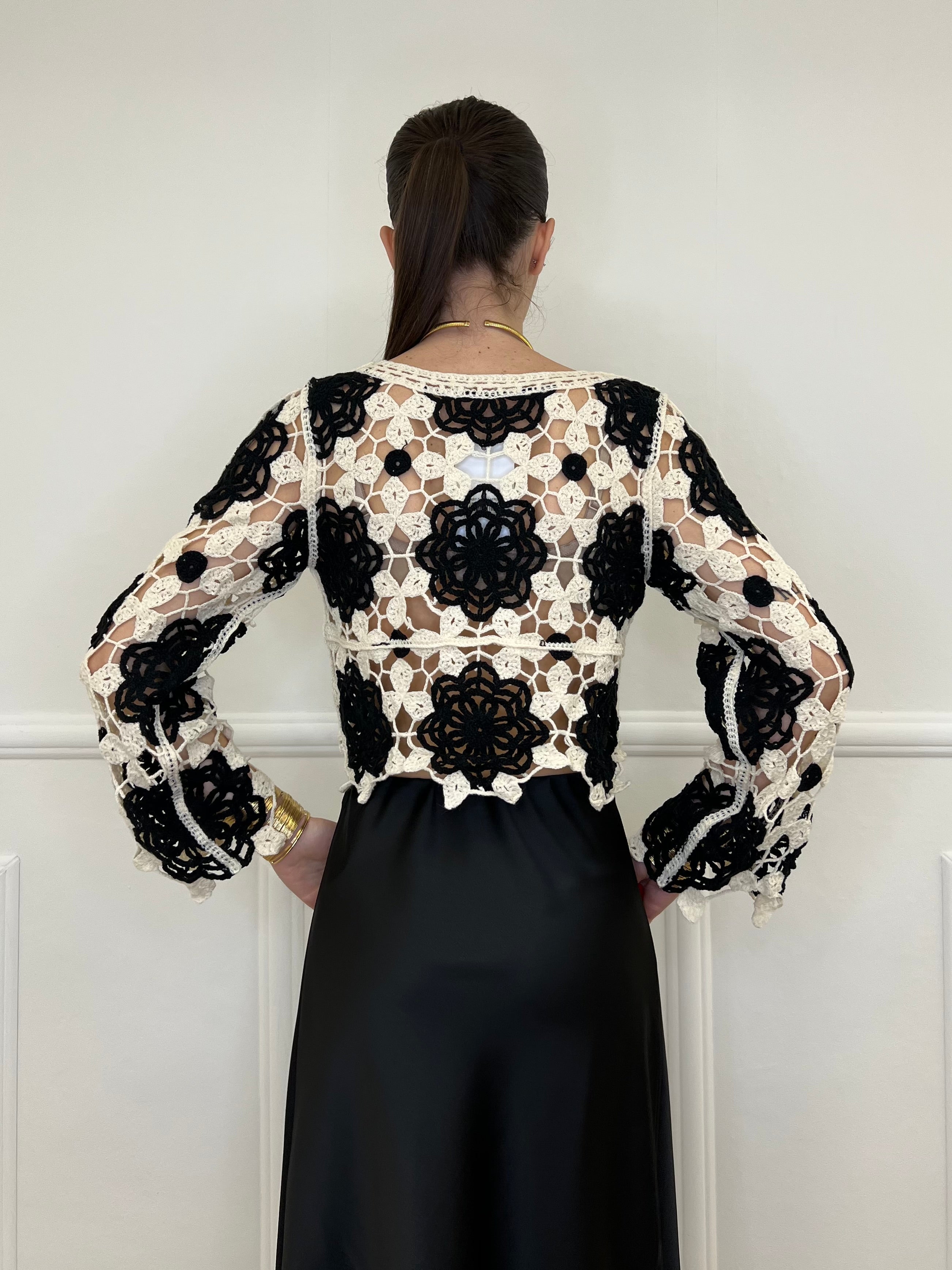 Maglia Macramè Crop Bicolor 48015 Nero