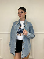 Giacca Camicia Denim Colletto Strass 3025 Azzurro