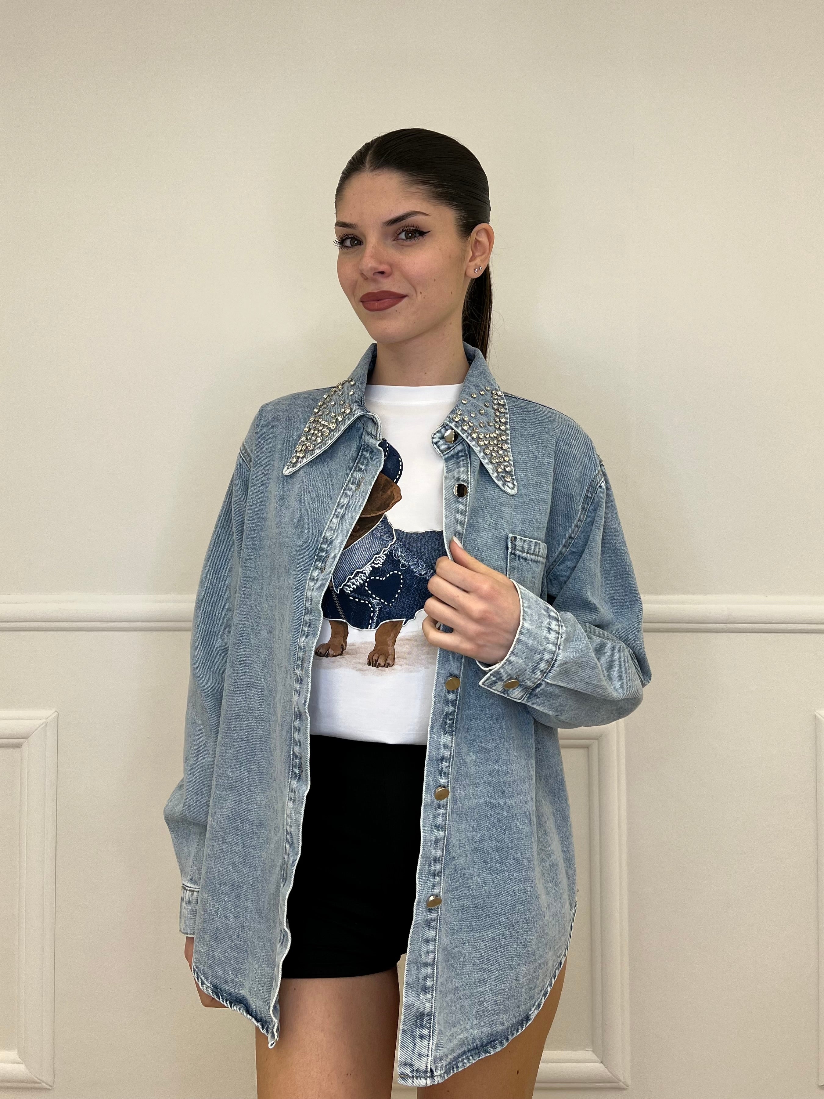 Giacca Camicia Denim Colletto Strass 3025 Azzurro