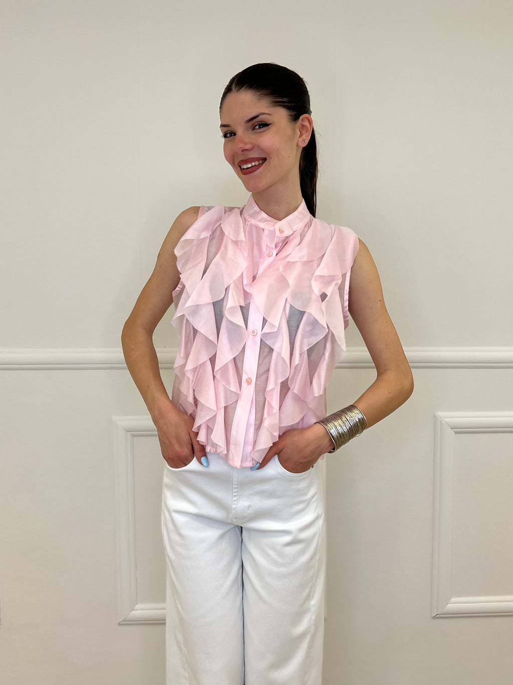 Camicia Smanicata Con Rouches 220-672 Rosa