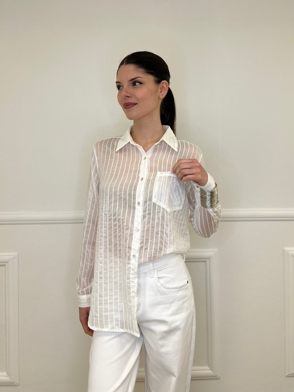 Camicia Tencel Spalmata a Righe 25802 Bianco