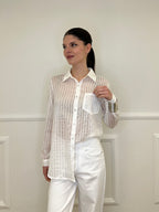 Camicia Tencel Spalmata a Righe 25802 Bianco