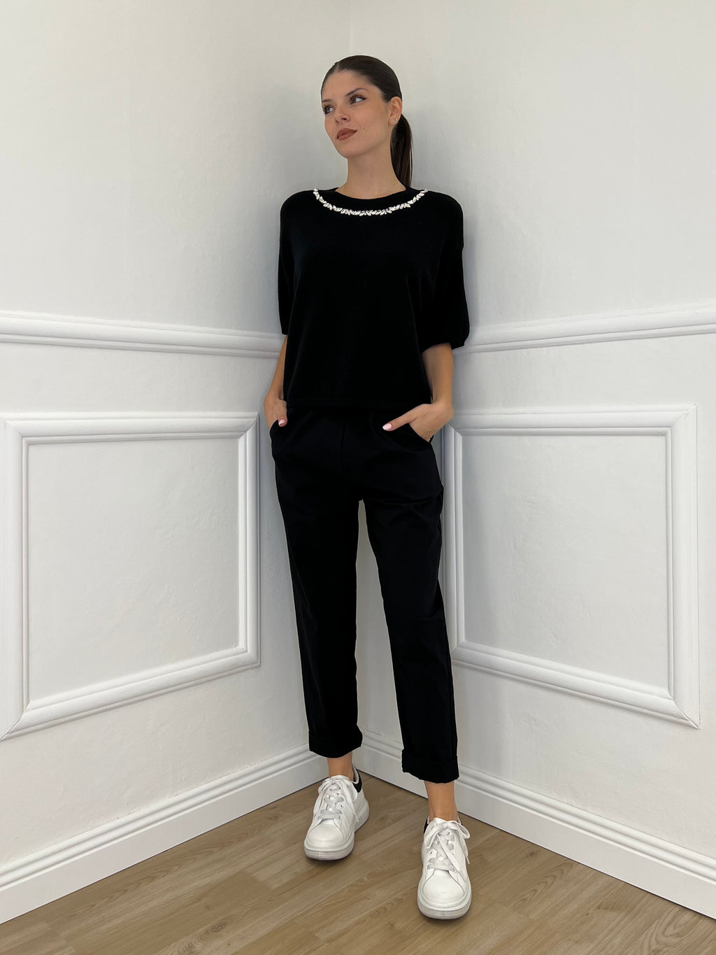 Maglia Scatoletta Cristalli 55672 Nero - Bazar Abbigliamento