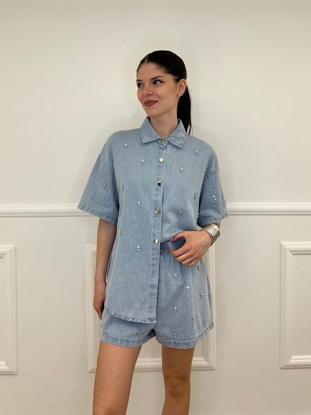Completo Shorts Denim Con Strass 3048 Azzurro