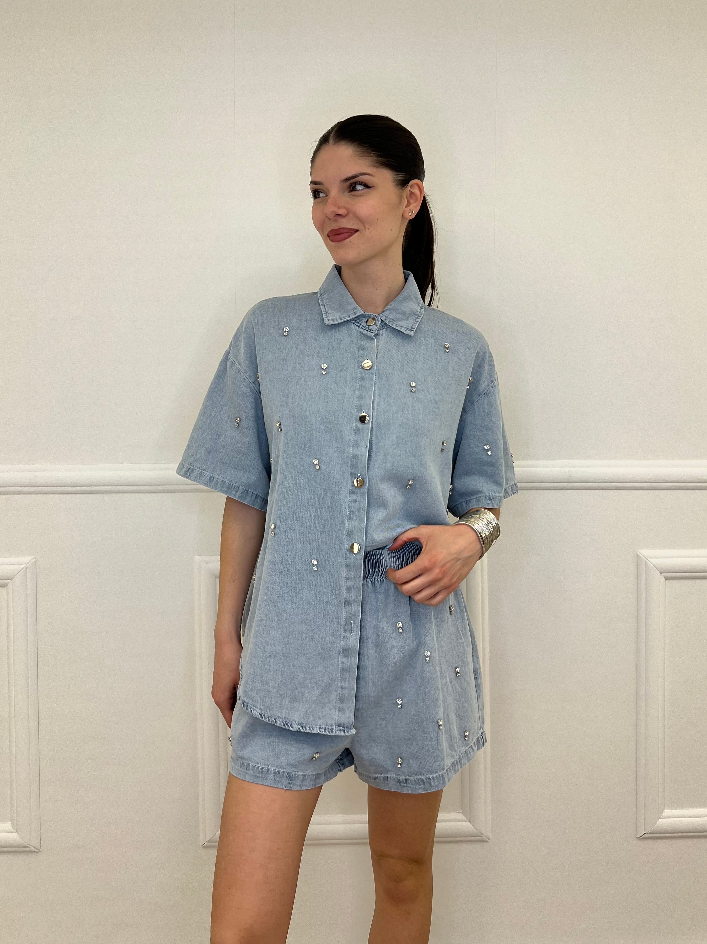 Completo Shorts Denim Con Strass 3048 Azzurro