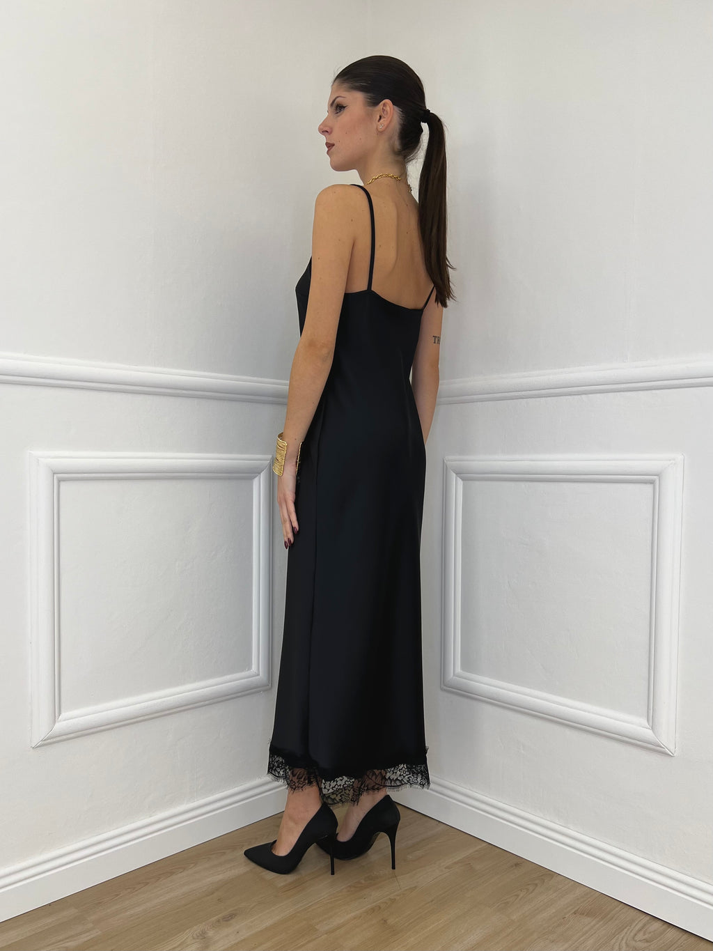 Abito Satin con Pizzo 16619 Nero