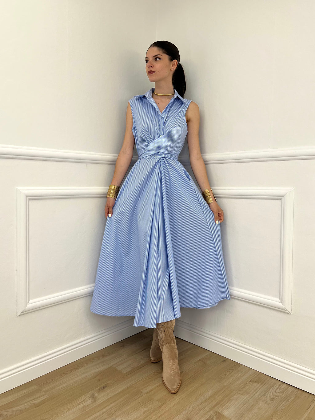 Abito Smanicato Incrocio a Righe 4987 Azzurro