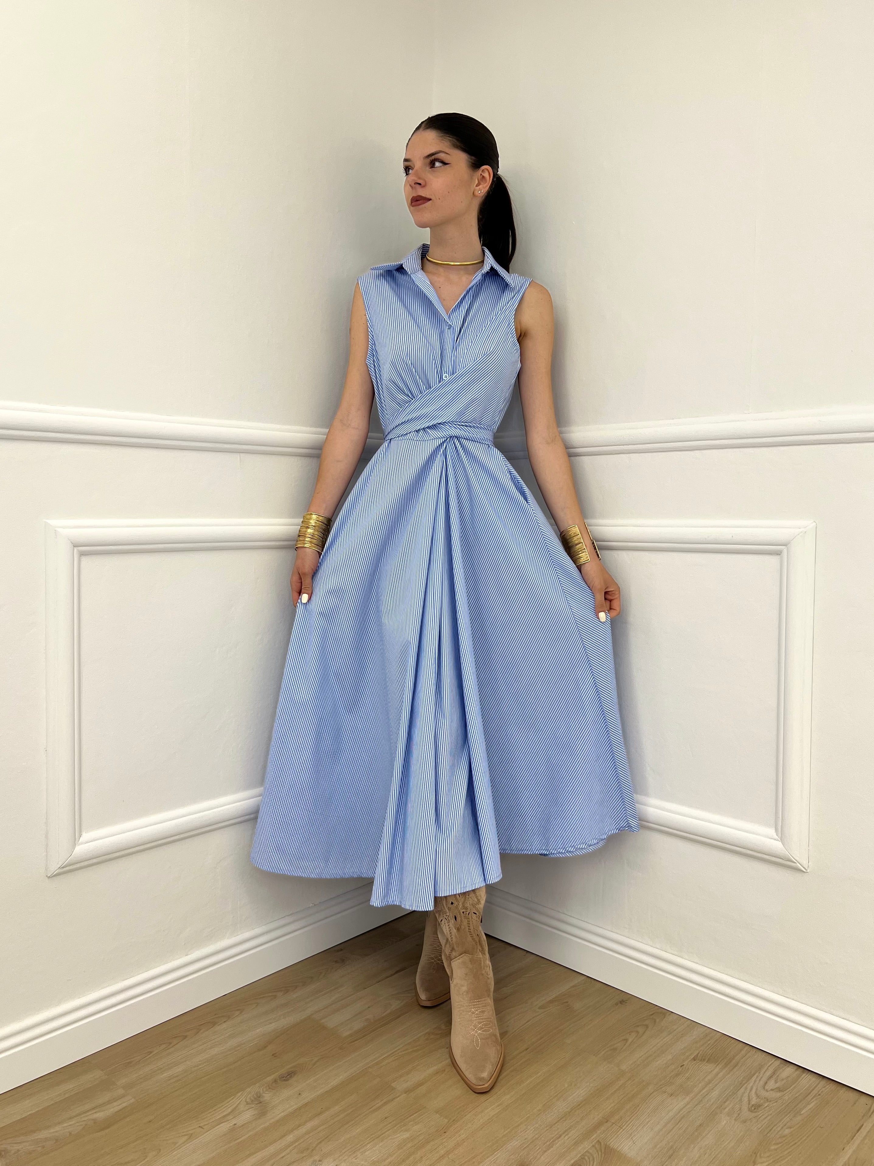 Abito Smanicato Incrocio a Righe 4987 Azzurro
