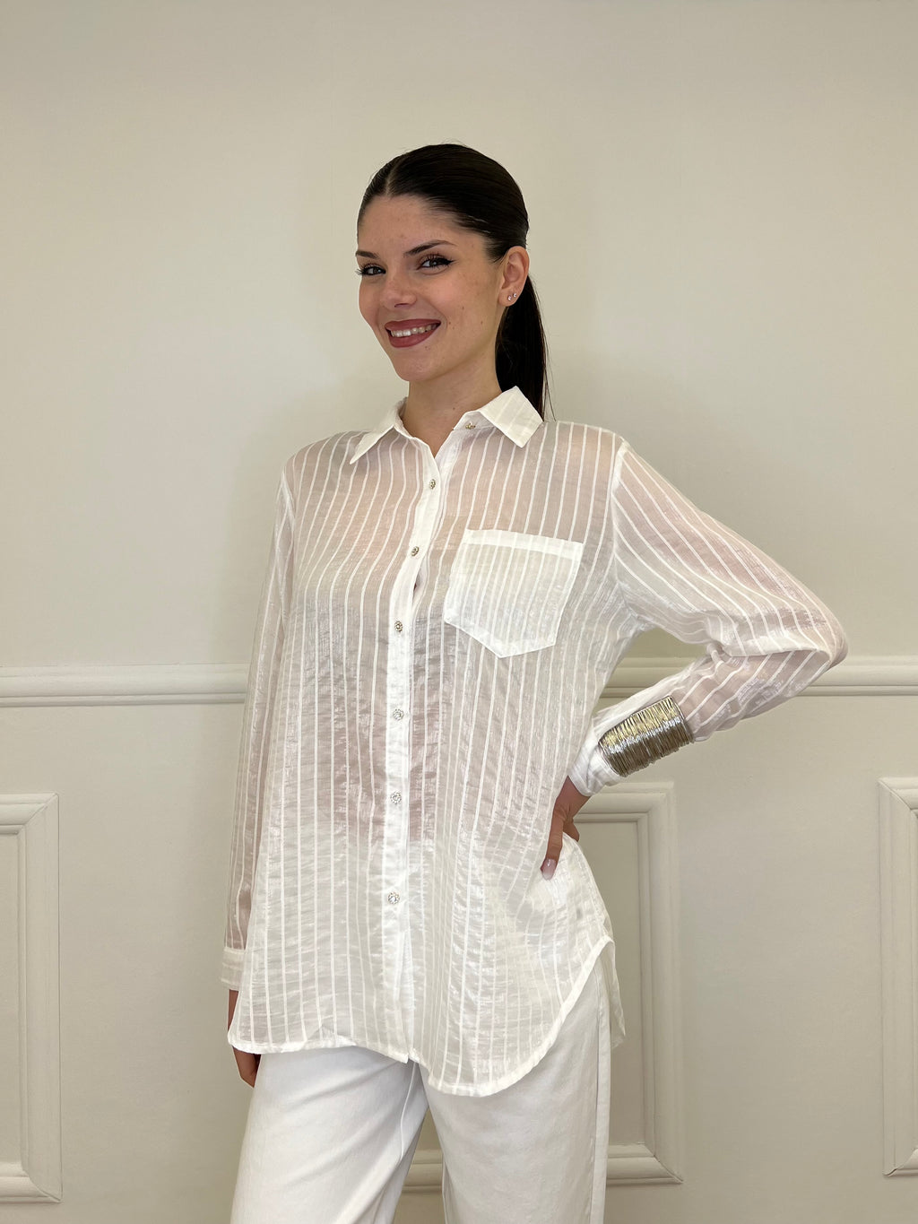 Camicia Tencel Spalmata a Righe 25802 Bianco