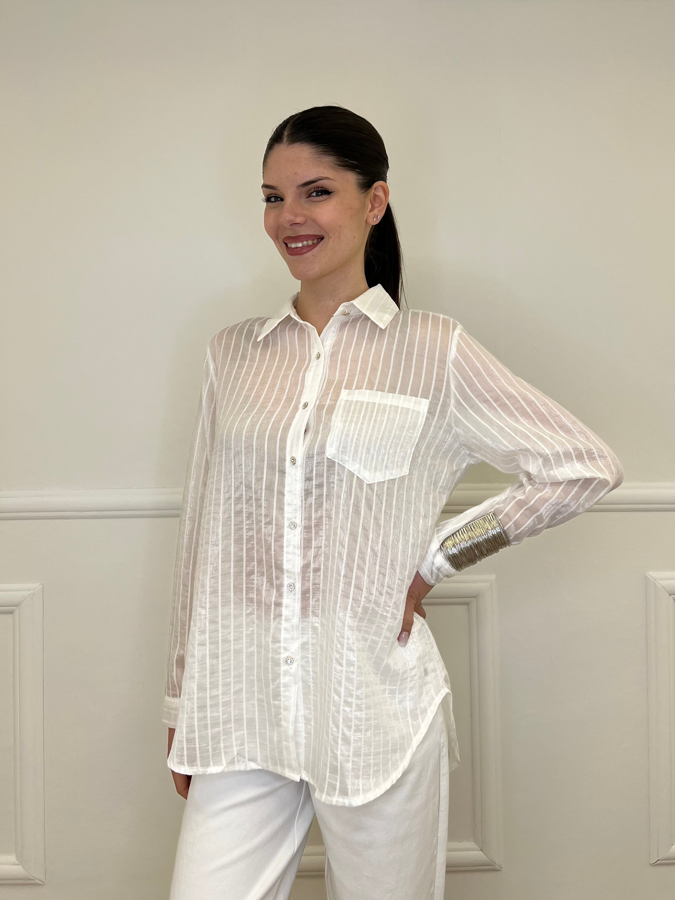 Camicia Tencel Spalmata a Righe 25802 Bianco
