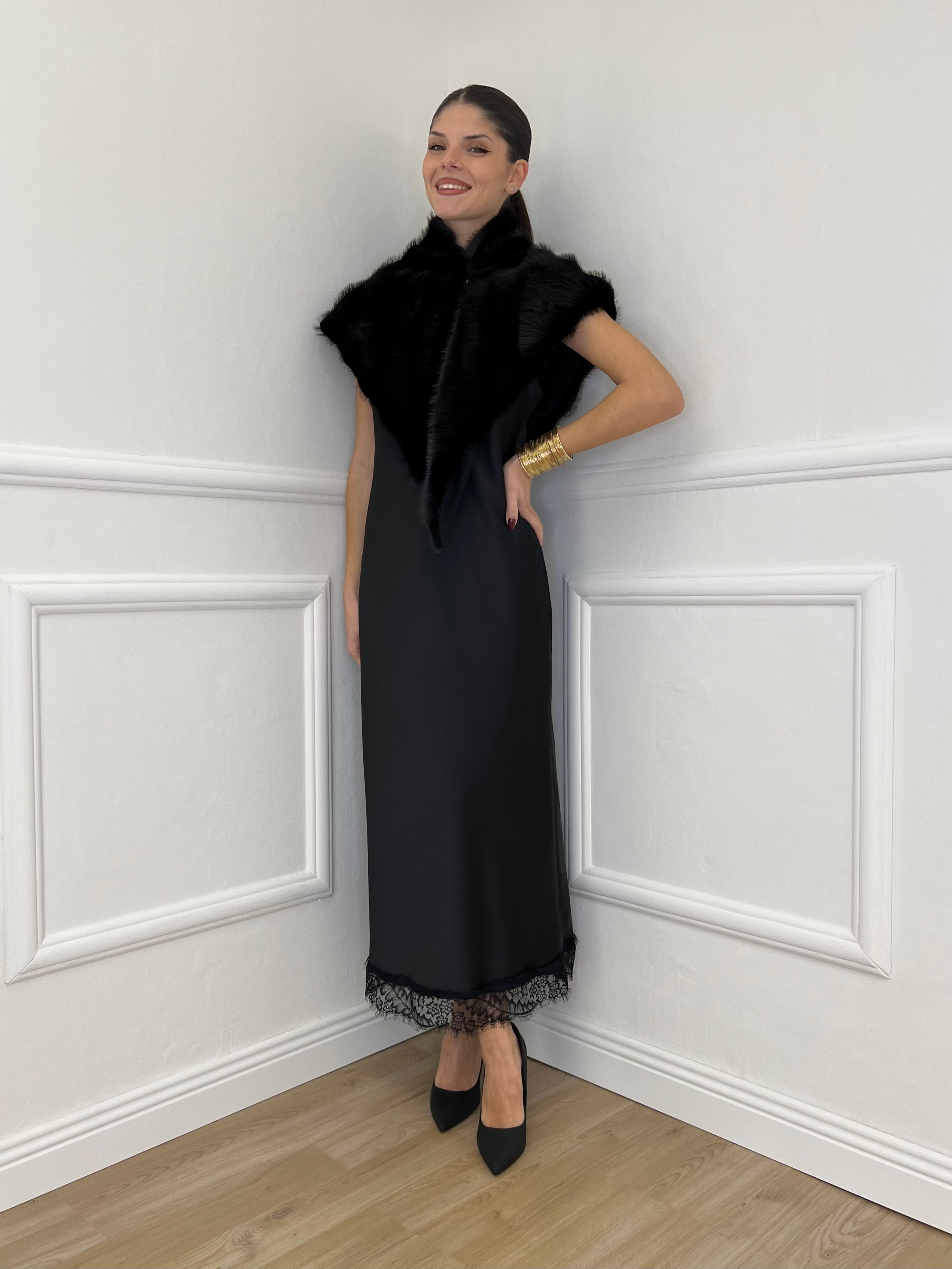 Abito Satin con Pizzo 16619 Nero