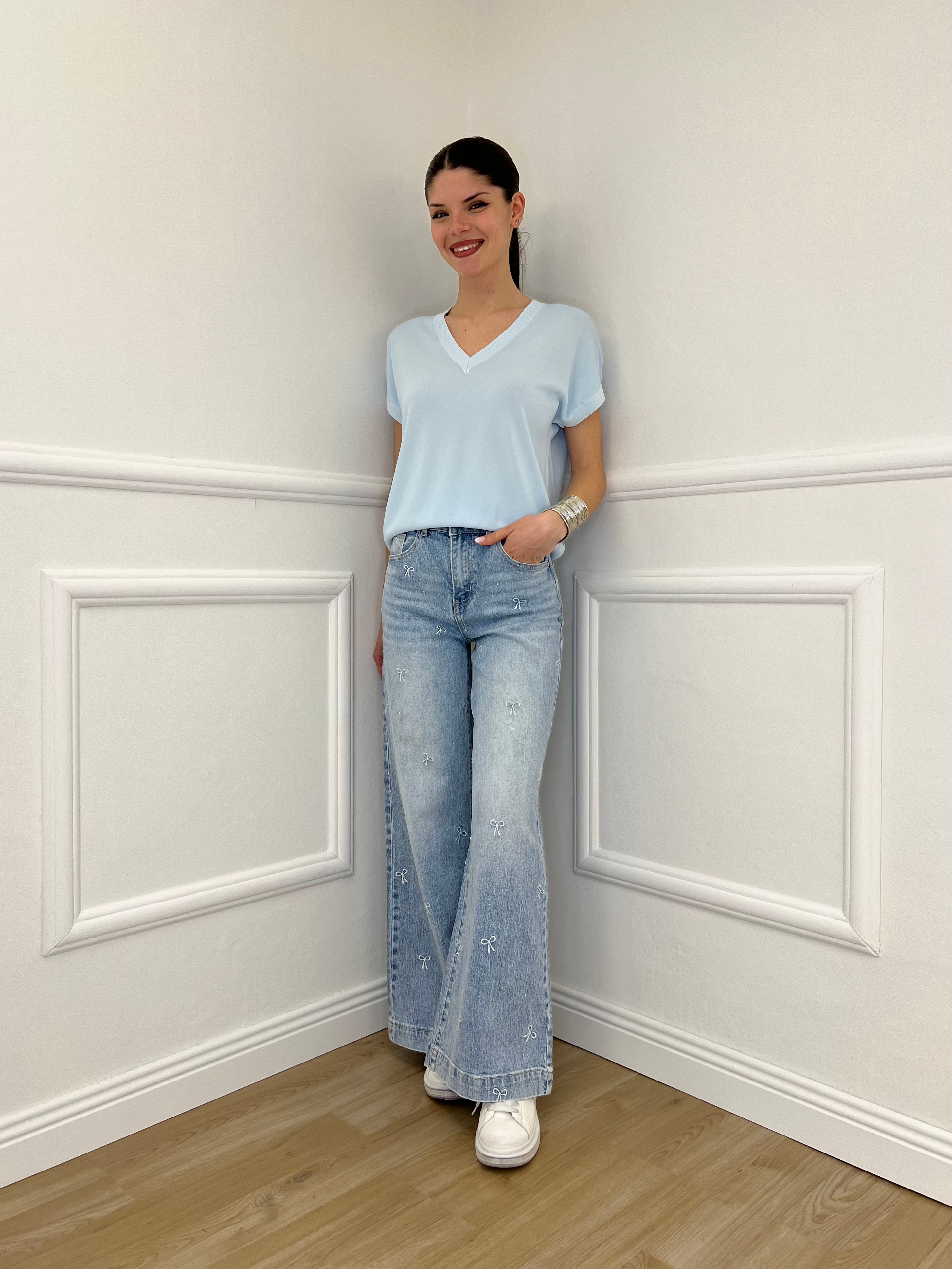 Jeans Con Fiocchi Ricamati e Strass 5354 Azzurro