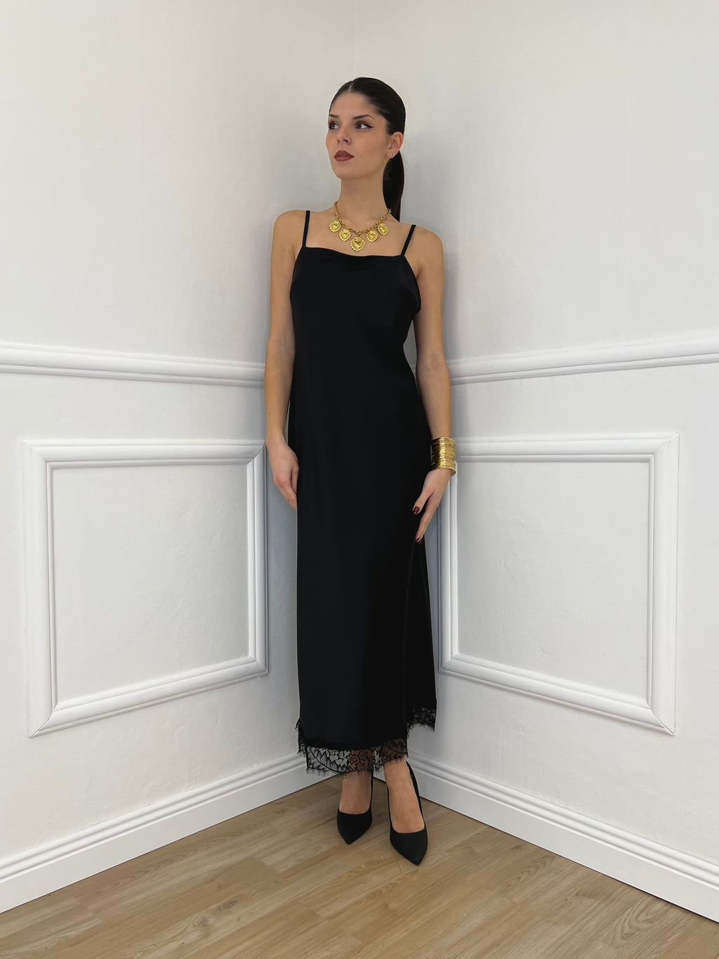 Abito Satin con Pizzo 16619 Nero