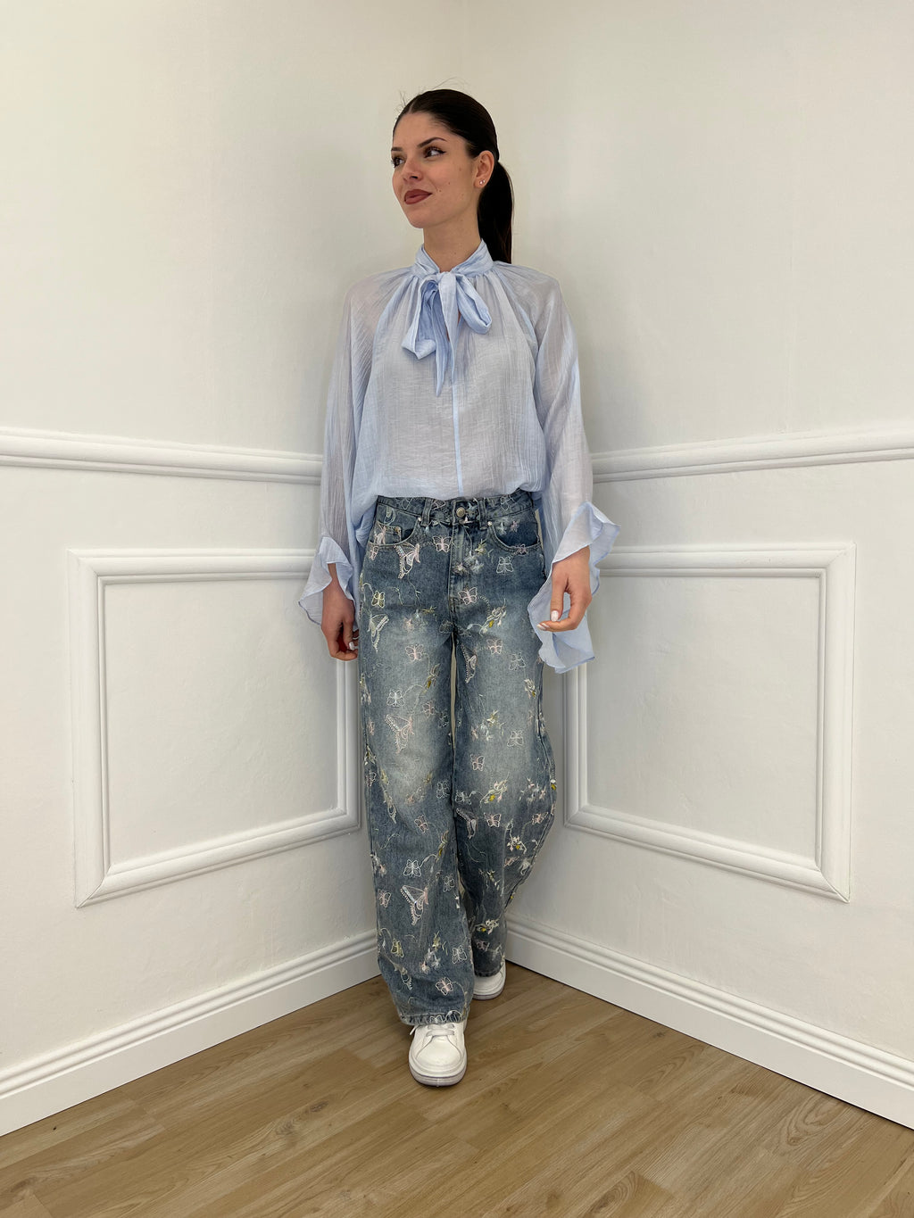 Camicia in Tencel con Fiocco 2608 Azzurro