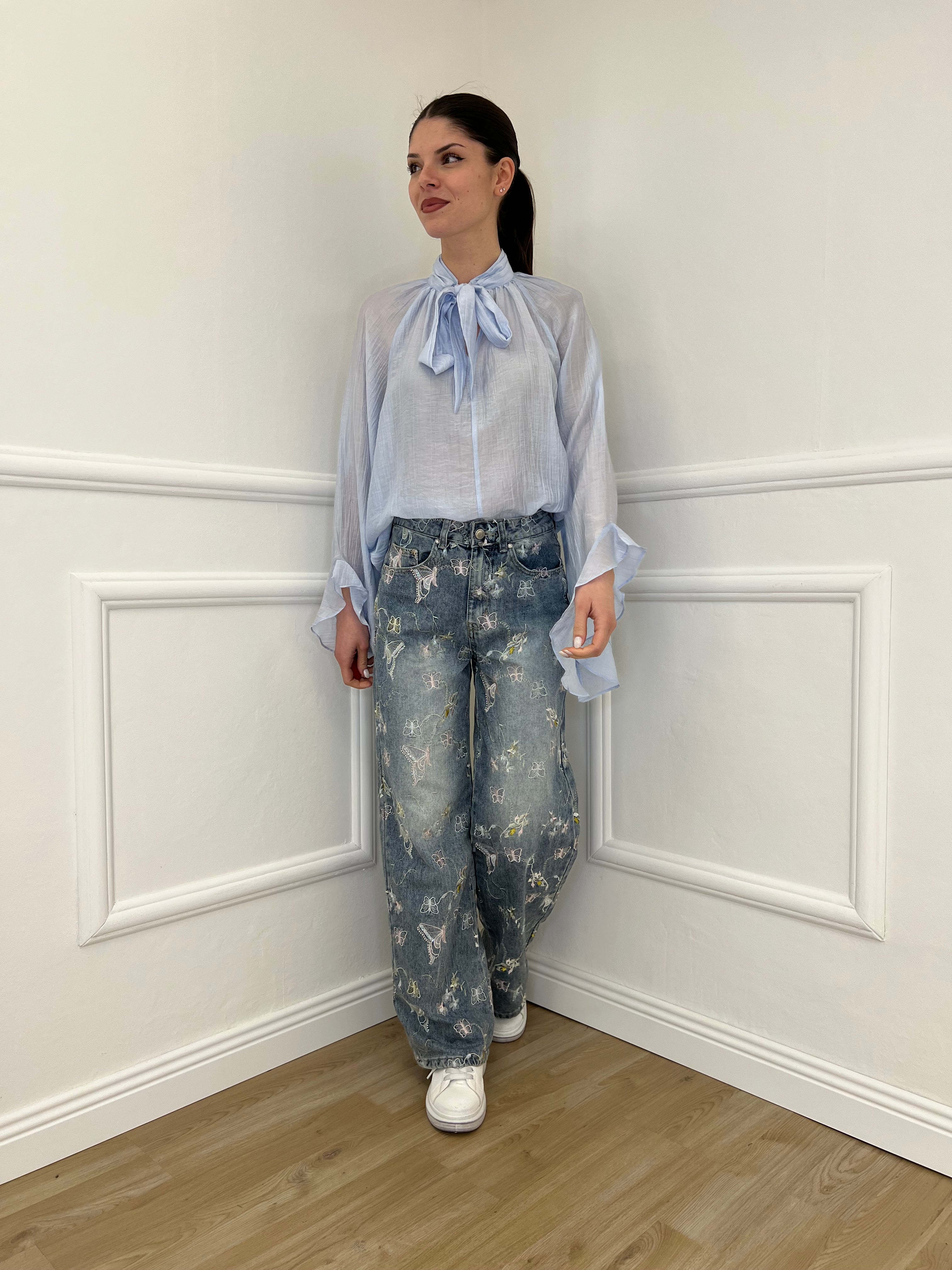 Camicia in Tencel con Fiocco 2608 Azzurro