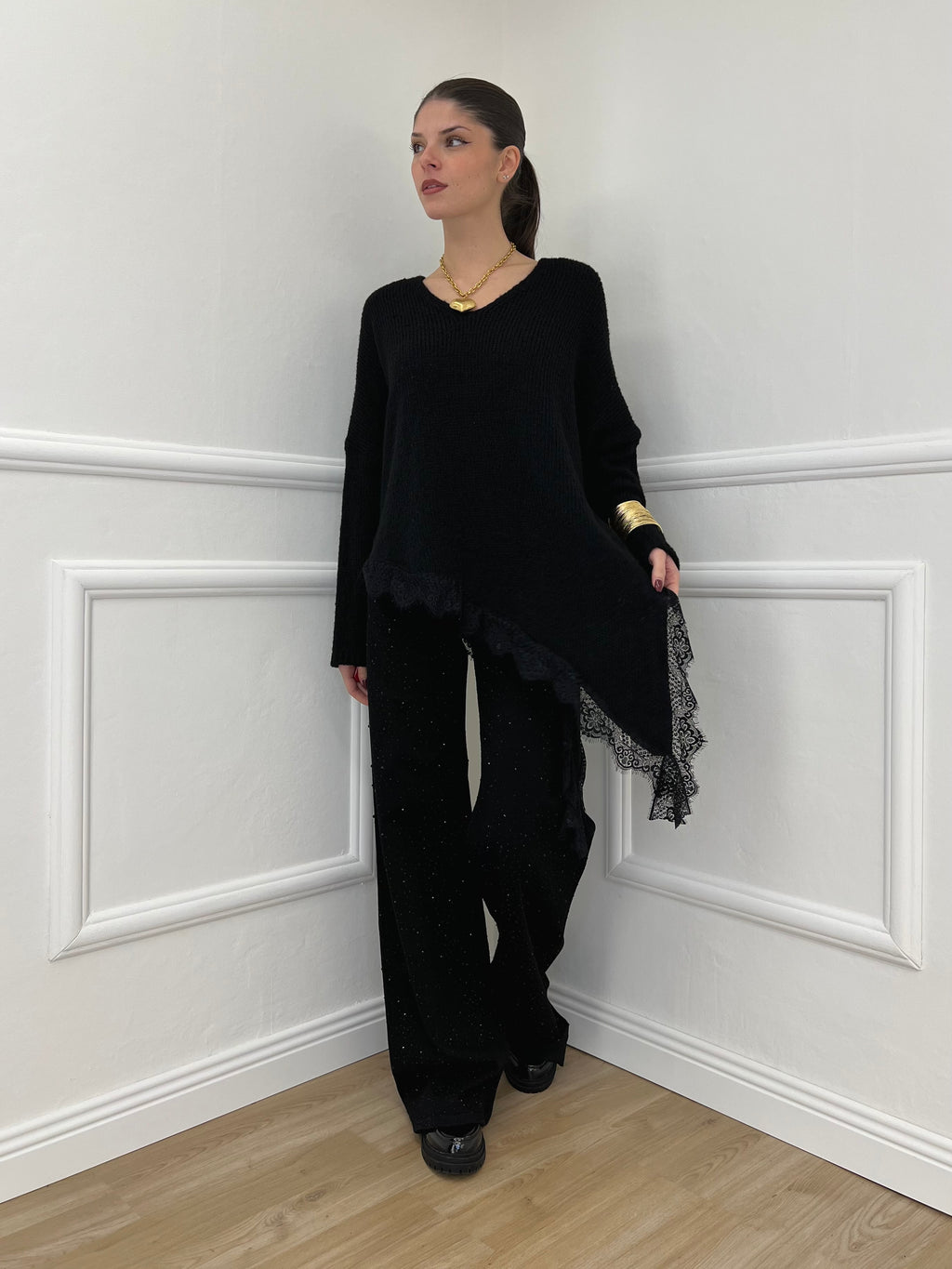 Maglia Asimmetrica Pizzo 25743 Nero