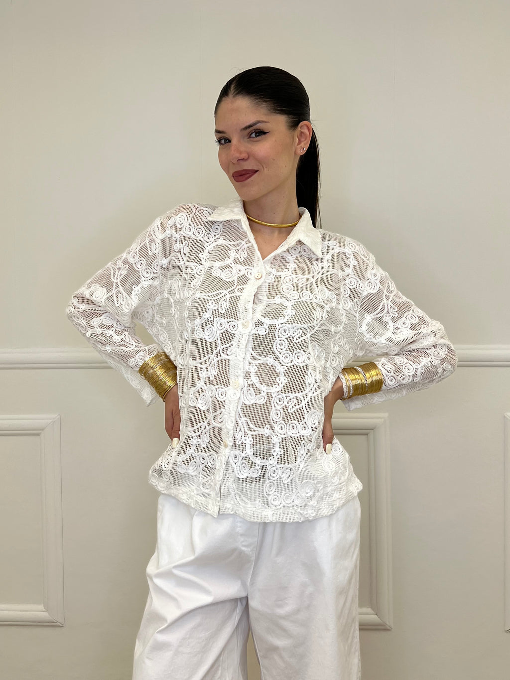 Camicia Traforata Ricami 38069 Bianco