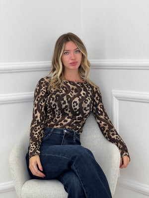 Maglia Ultralight con Cashmere Animalier a Barchetta Marrone