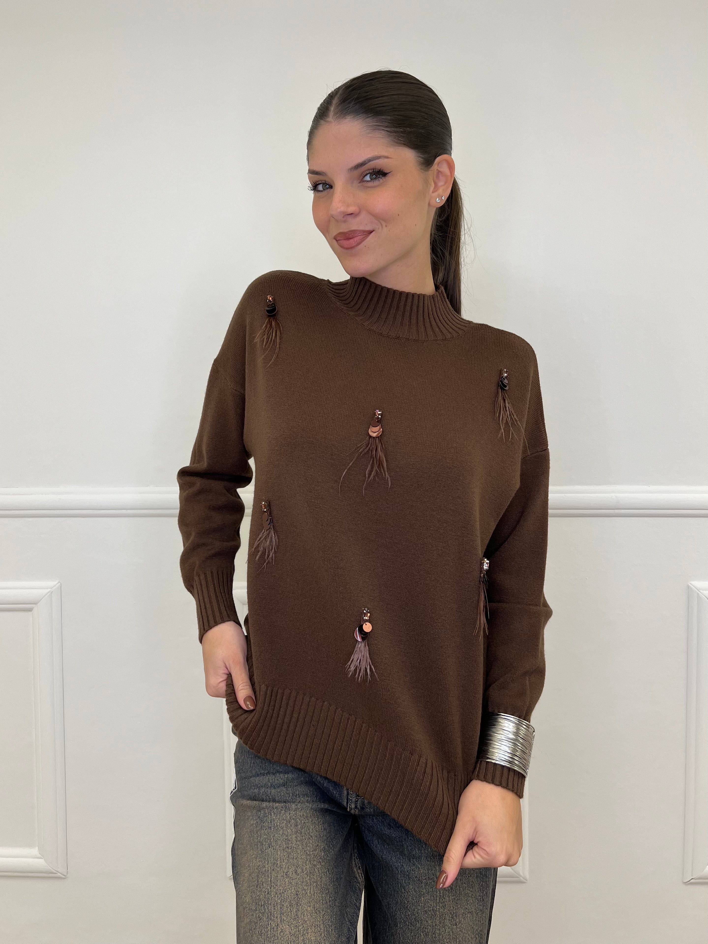 Maglia Strass e Piume DL7355 Marrone