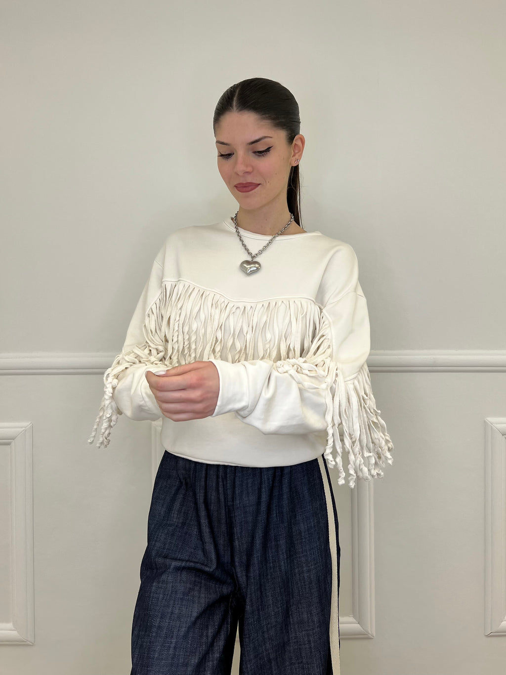 Felpa con Frange 5653-891 Panna