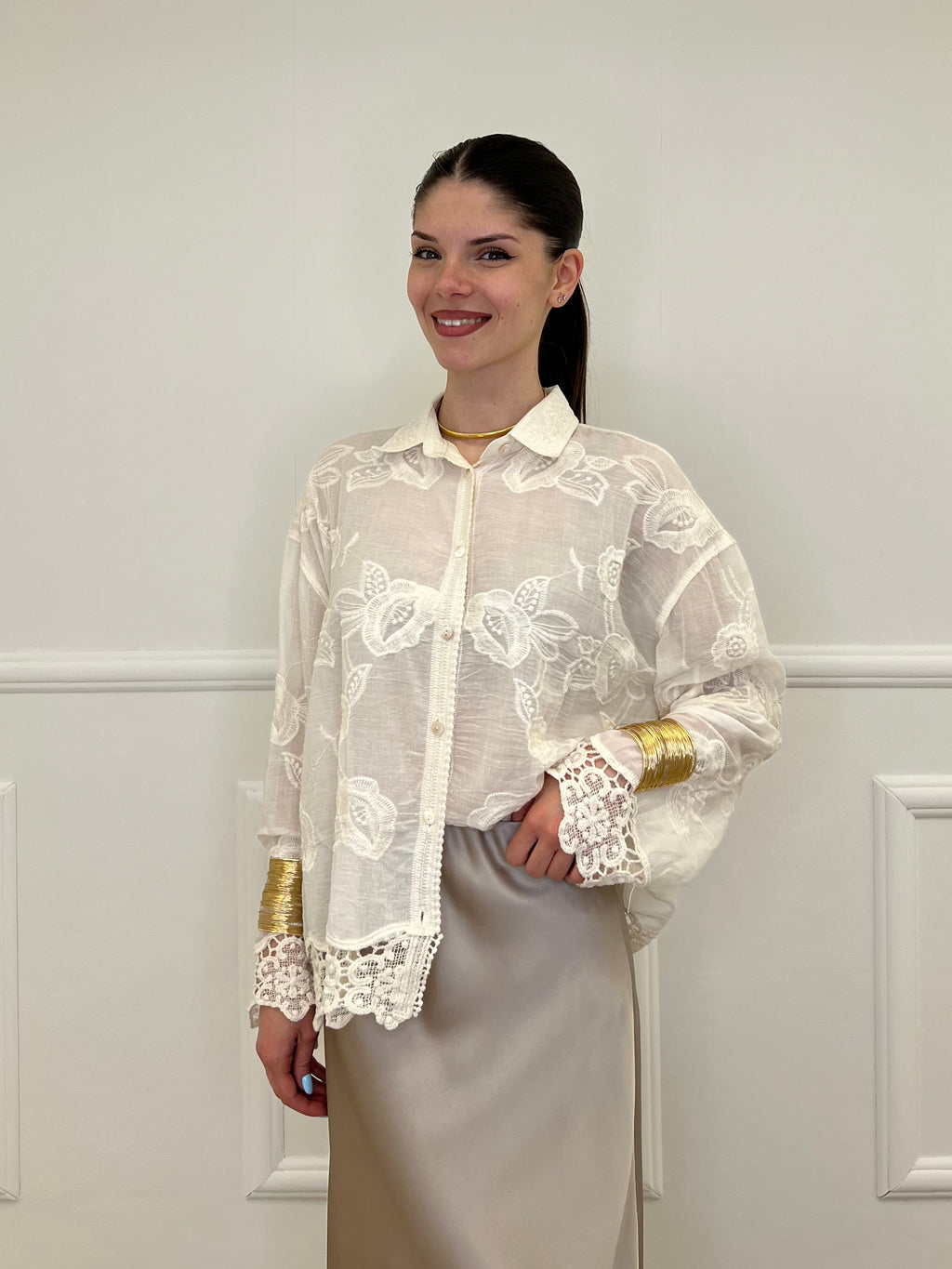 Camicia Ricami Inserti Crochet 48036 Panna