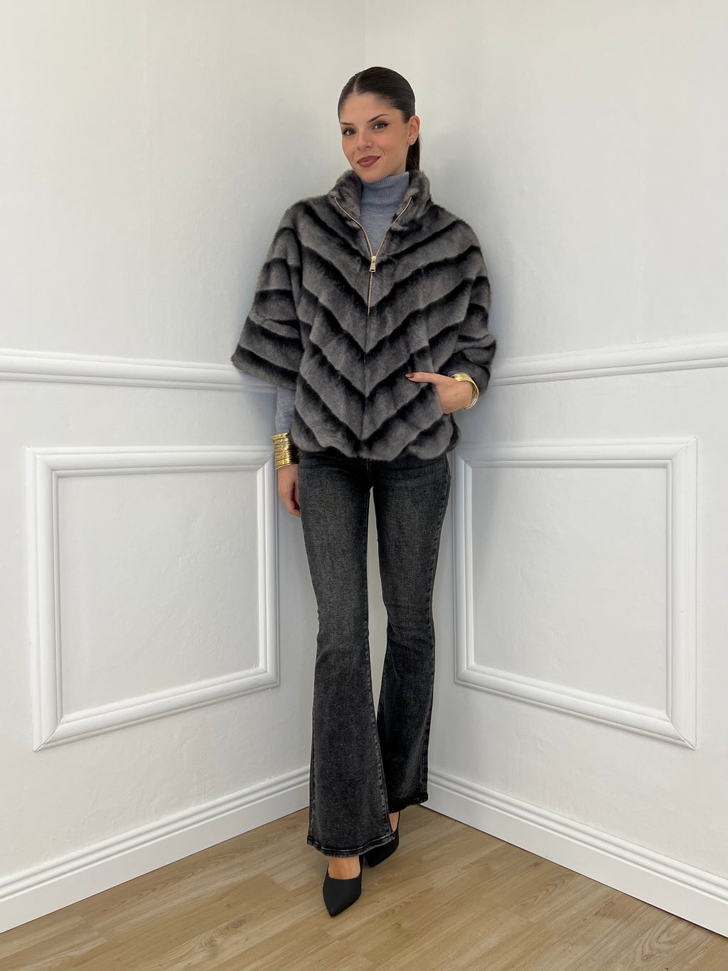 Chevron Fur Coat C037 Grey