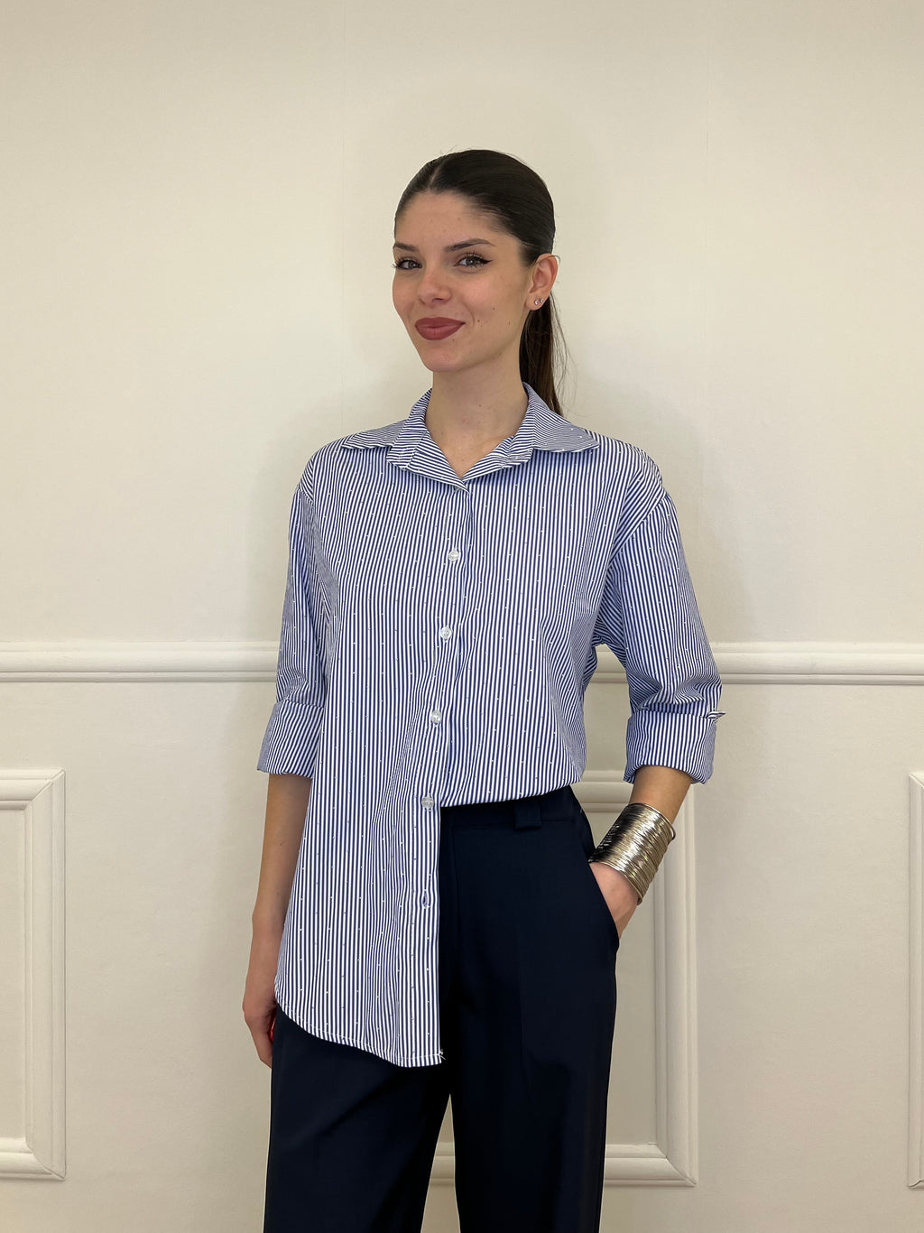 Camicia a Righe Micro Strass 82046 Blu